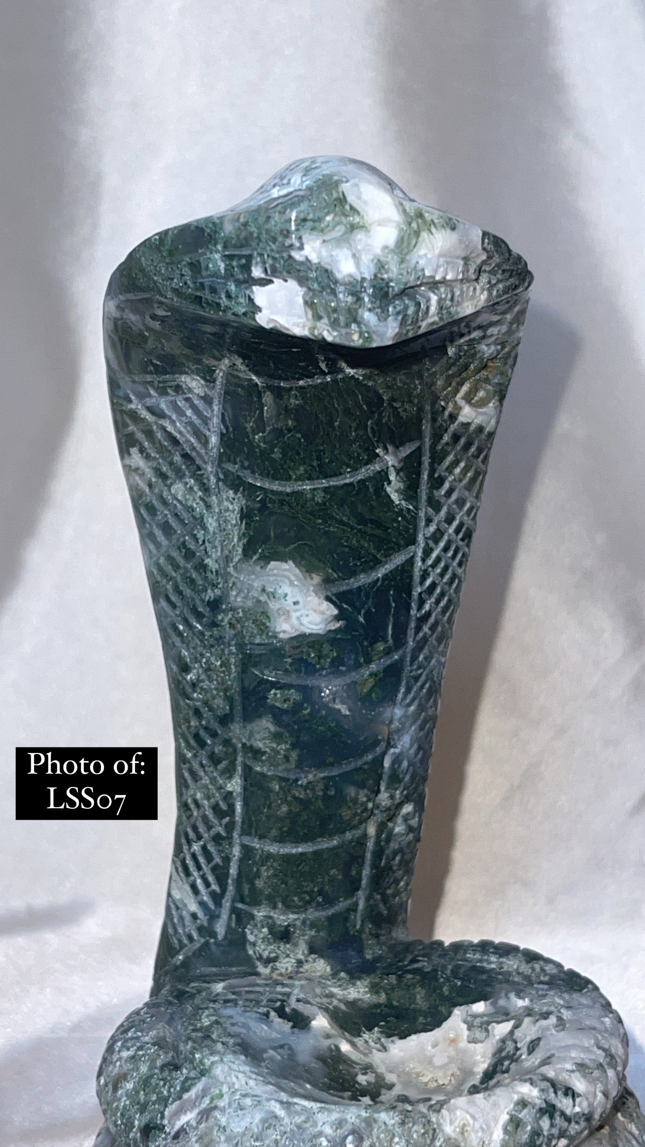 Moss Agate Large Snake Sphere Holder Carving