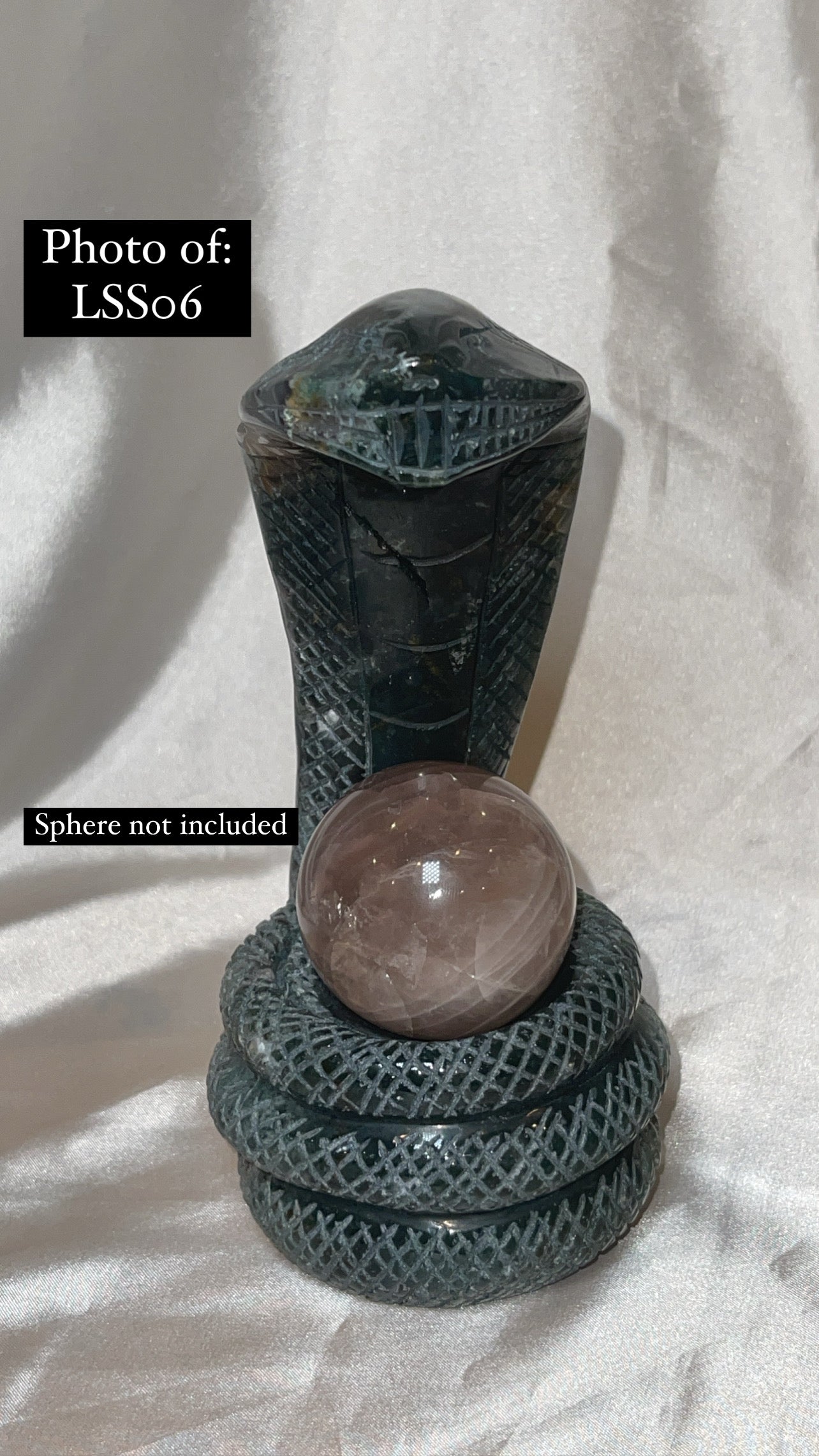 Moss Agate Large Snake Sphere Holder Carving