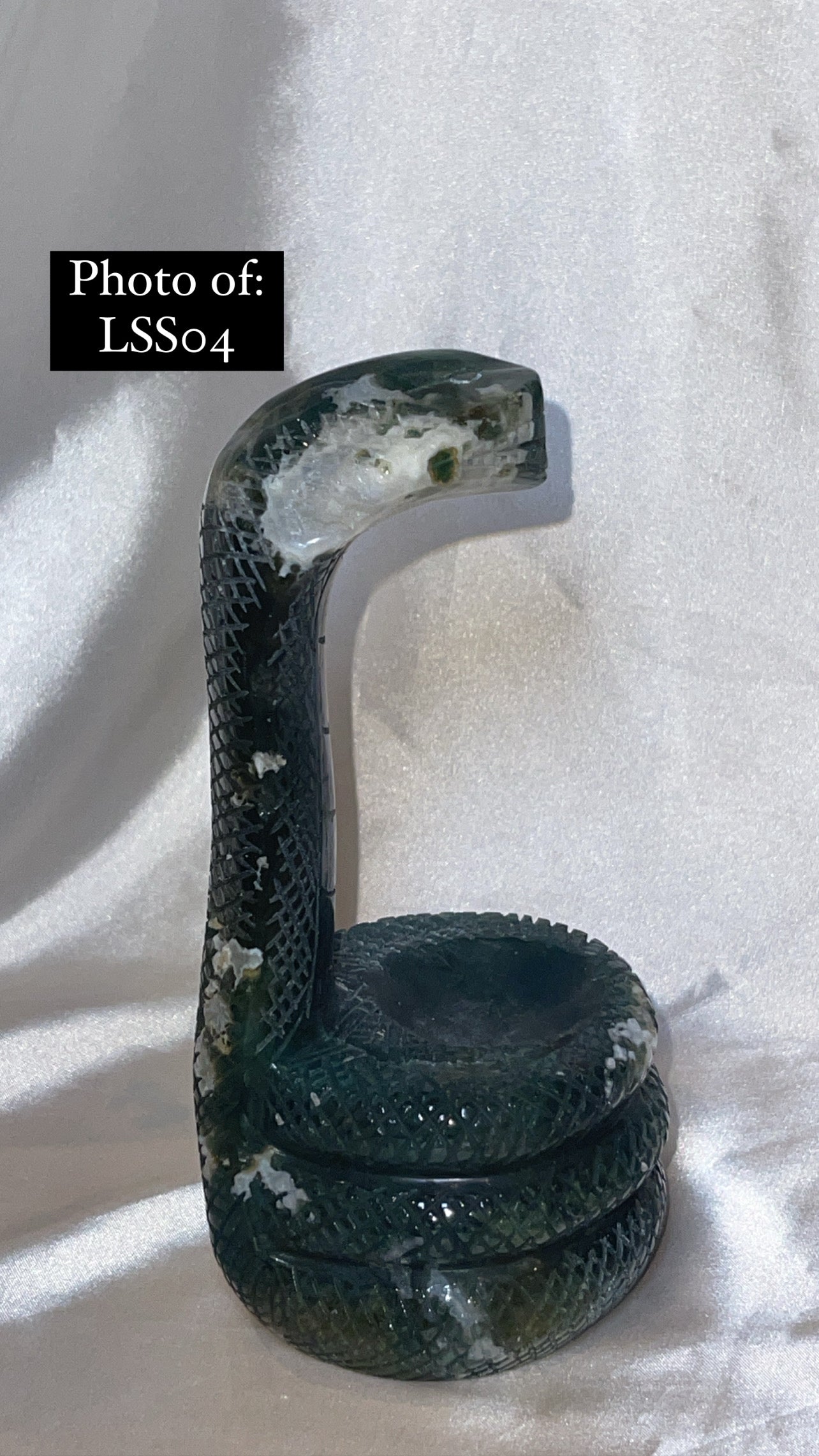 Moss Agate Large Snake Sphere Holder Carving