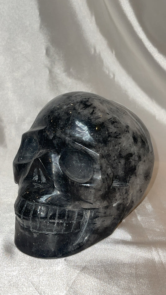 Black Tourmaline Rutilated Quartz XXL Skull
