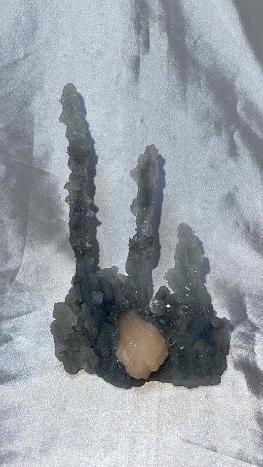 RARE Blueish Black Druzy Chalcedony Large Stalachtite cluster with Stilbite Flower and Apophyllite crystals