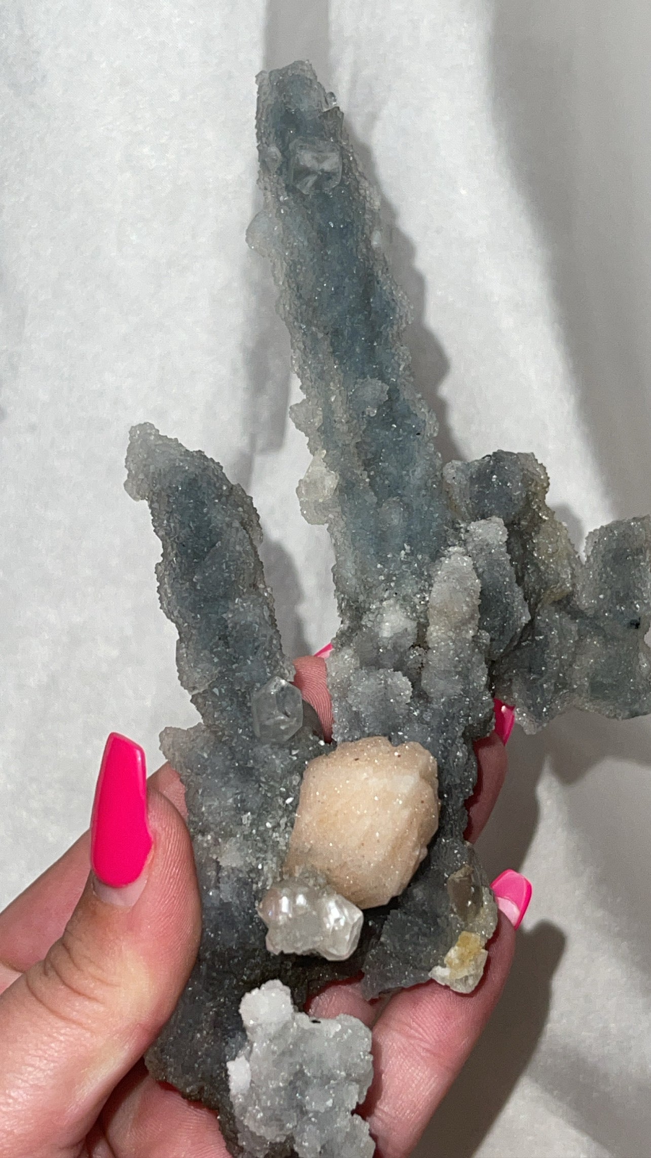 RARE Blueish Black Druzy Chalcedony Large Stalachtite cluster with Stilbite Flower and Apophyllite crystals