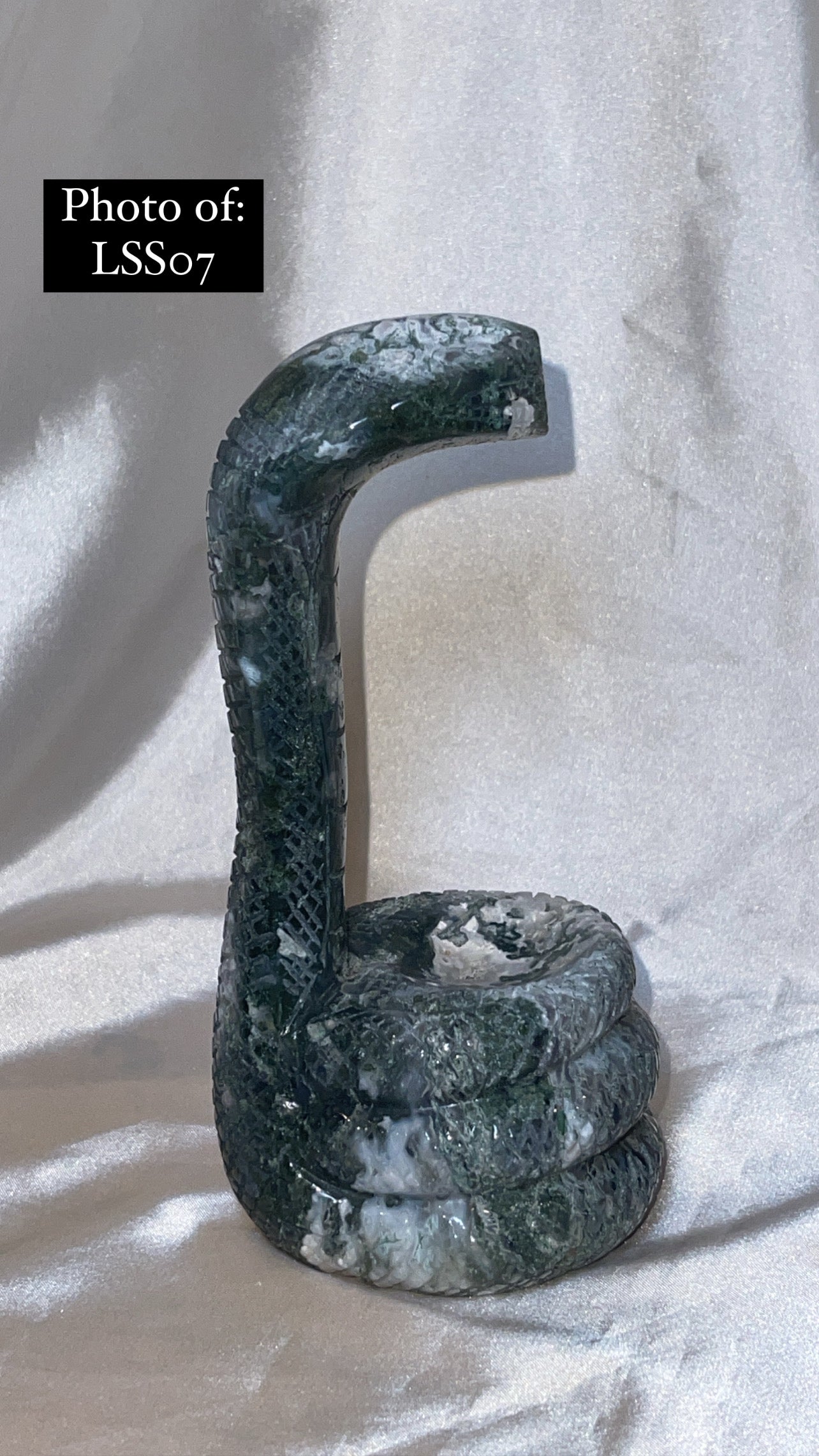 Moss Agate Large Snake Sphere Holder Carving