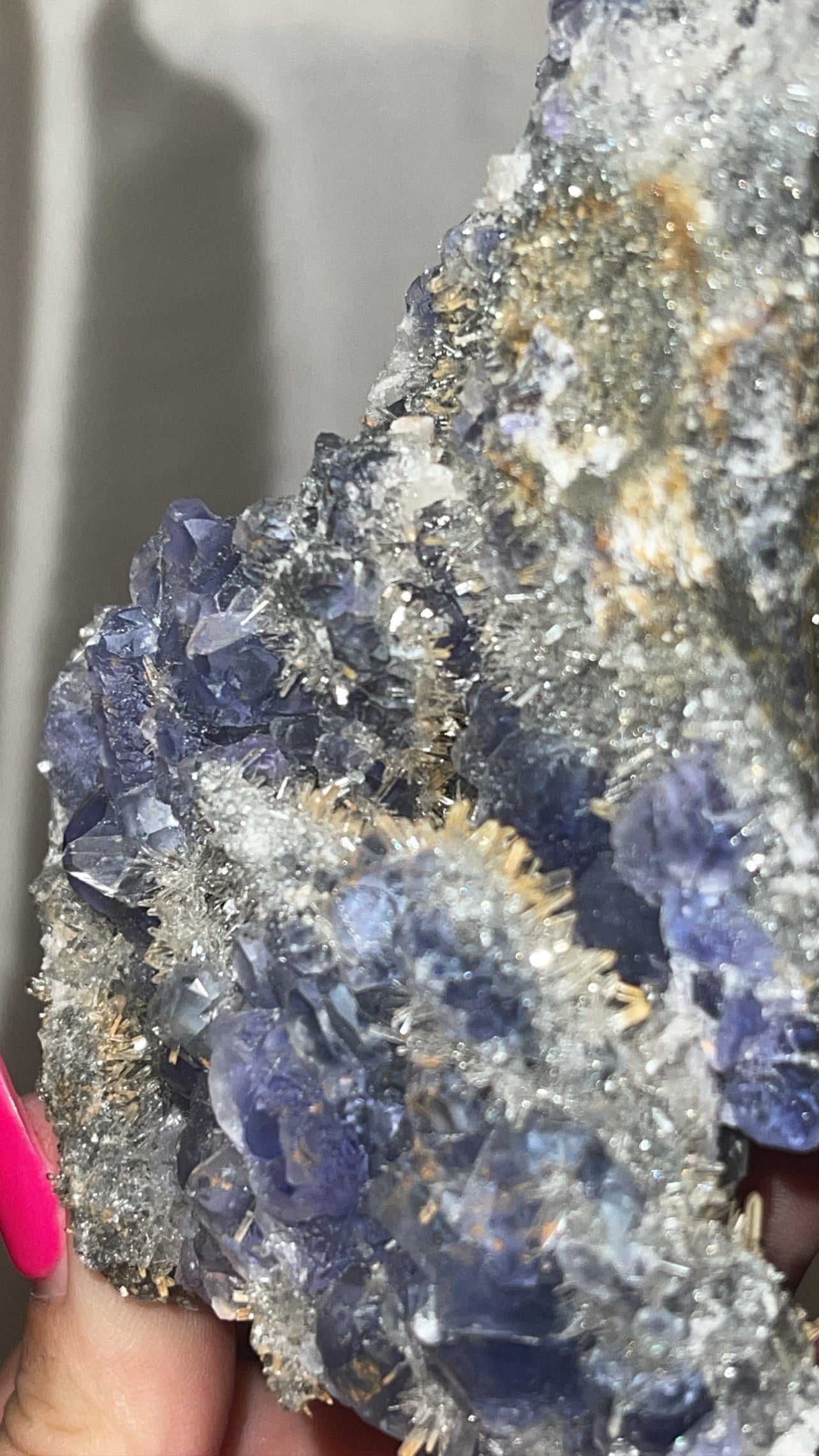 Fujian Indigo Fluorite with Needle Quartz Large Specimen with stand