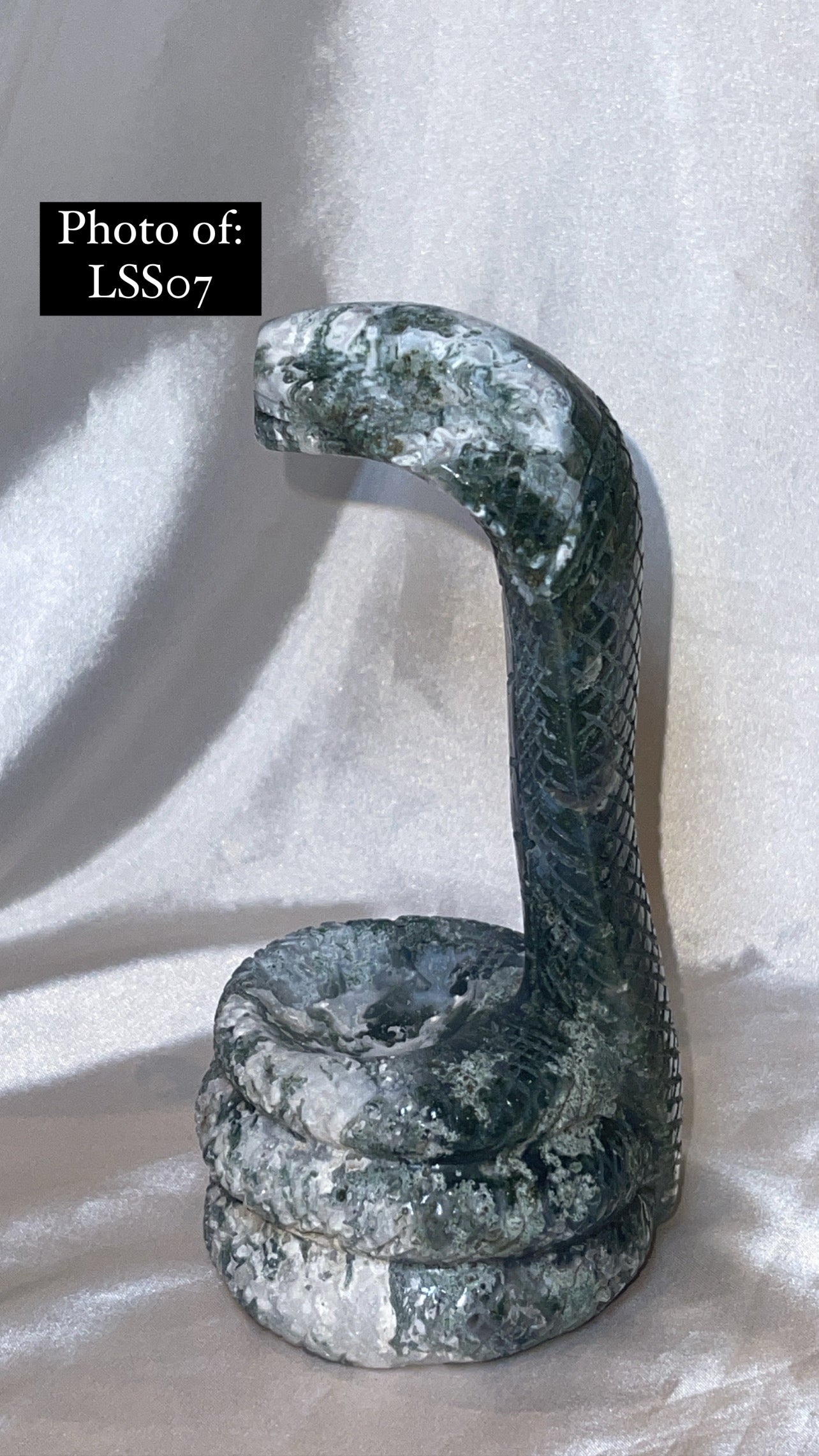 Moss Agate Large Snake Sphere Holder Carving