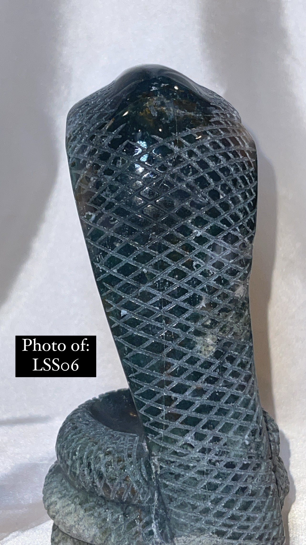 Moss Agate Large Snake Sphere Holder Carving