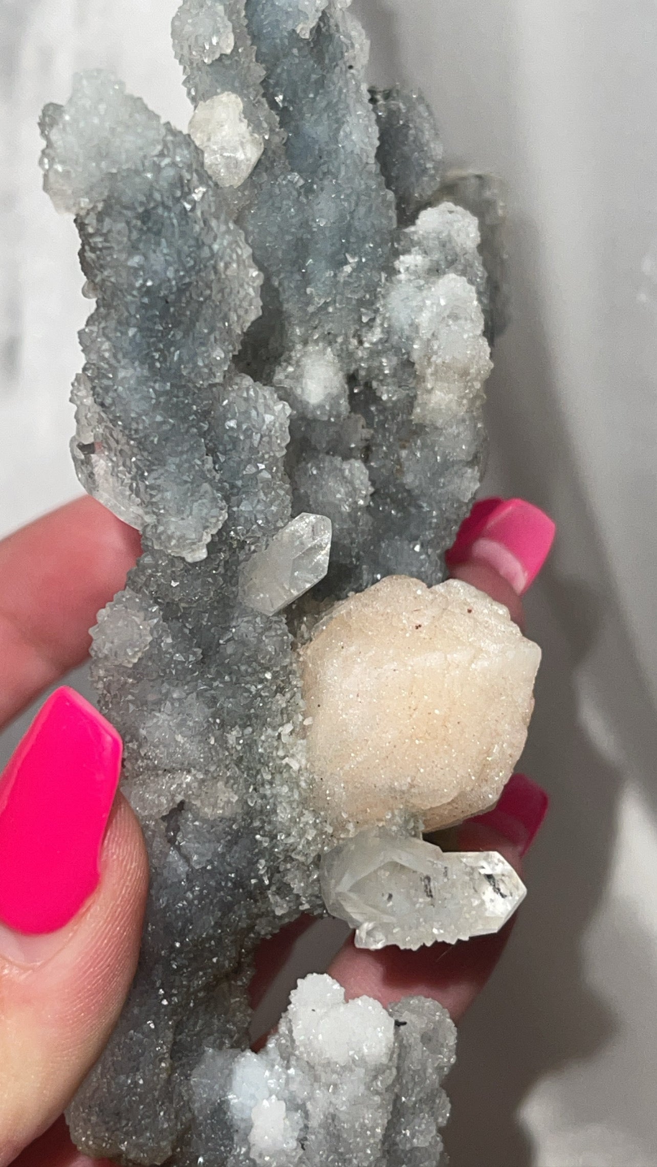 RARE Blueish Black Druzy Chalcedony Large Stalachtite cluster with Stilbite Flower and Apophyllite crystals