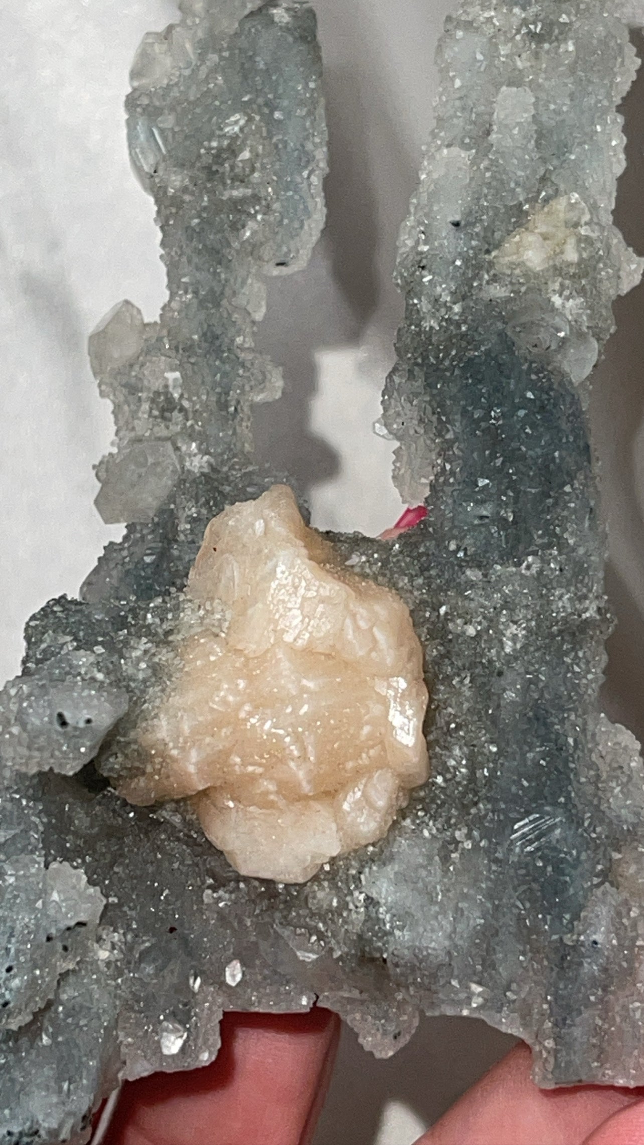 RARE Blueish Black Druzy Chalcedony Large Stalachtite cluster with Stilbite Flower and Apophyllite crystals