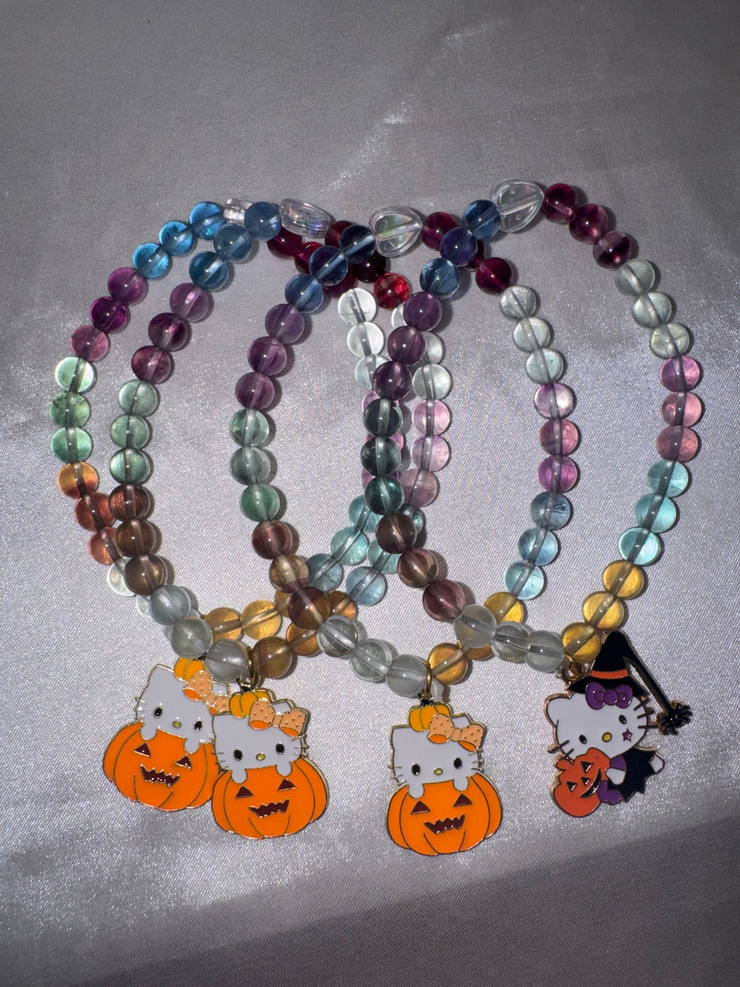 Fluorite Multicolored AAA 6mm Bracelet with Hello Kitty Halloween Charm