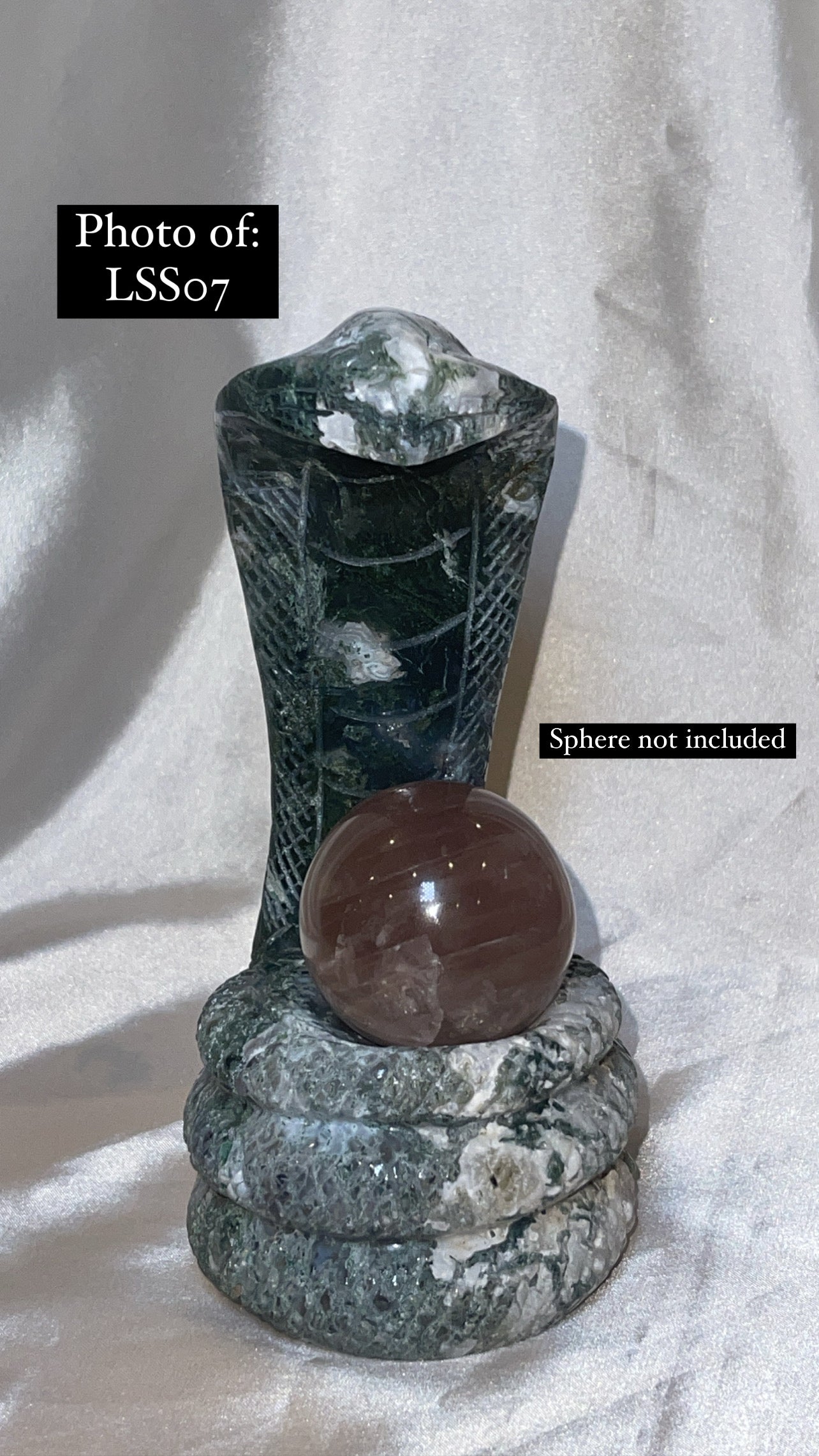 Moss Agate Large Snake Sphere Holder Carving