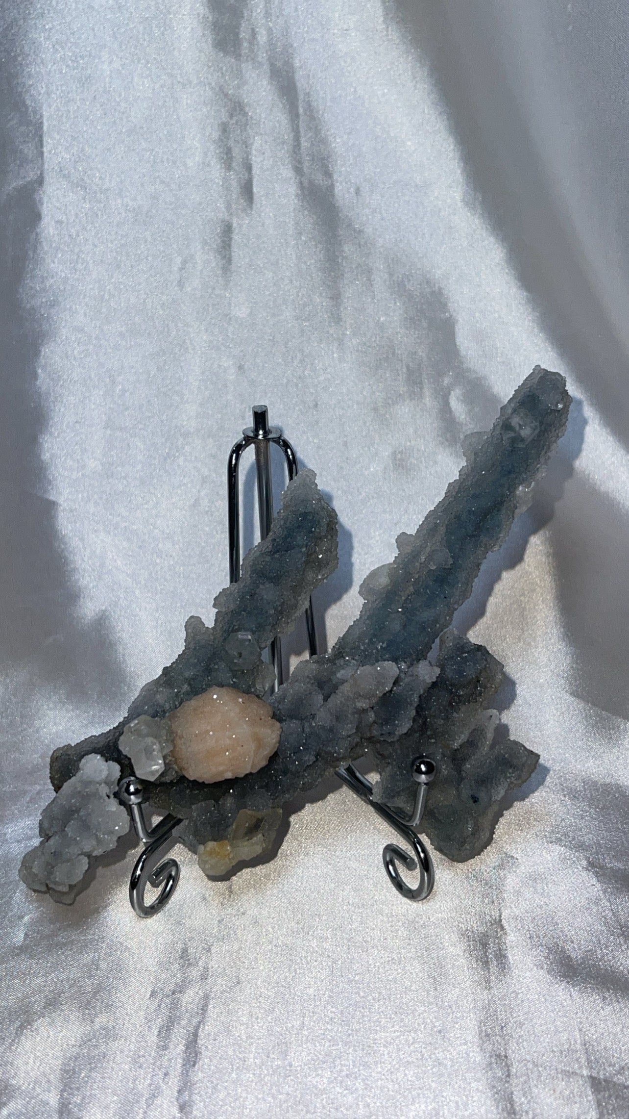 RARE Blueish Black Druzy Chalcedony Large Stalachtite cluster with Stilbite Flower and Apophyllite crystals