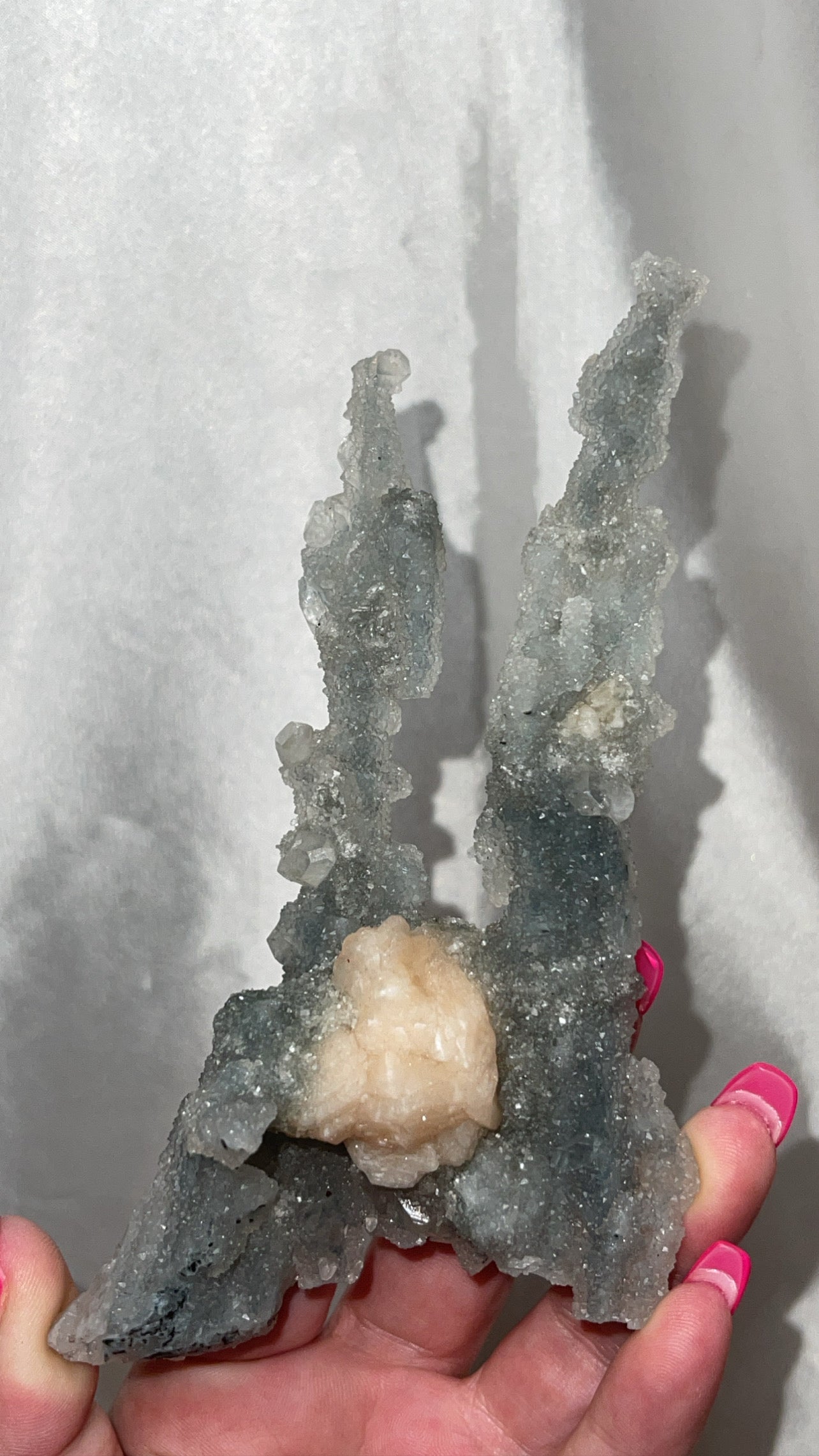 RARE Blueish Black Druzy Chalcedony Large Stalachtite cluster with Stilbite Flower and Apophyllite crystals
