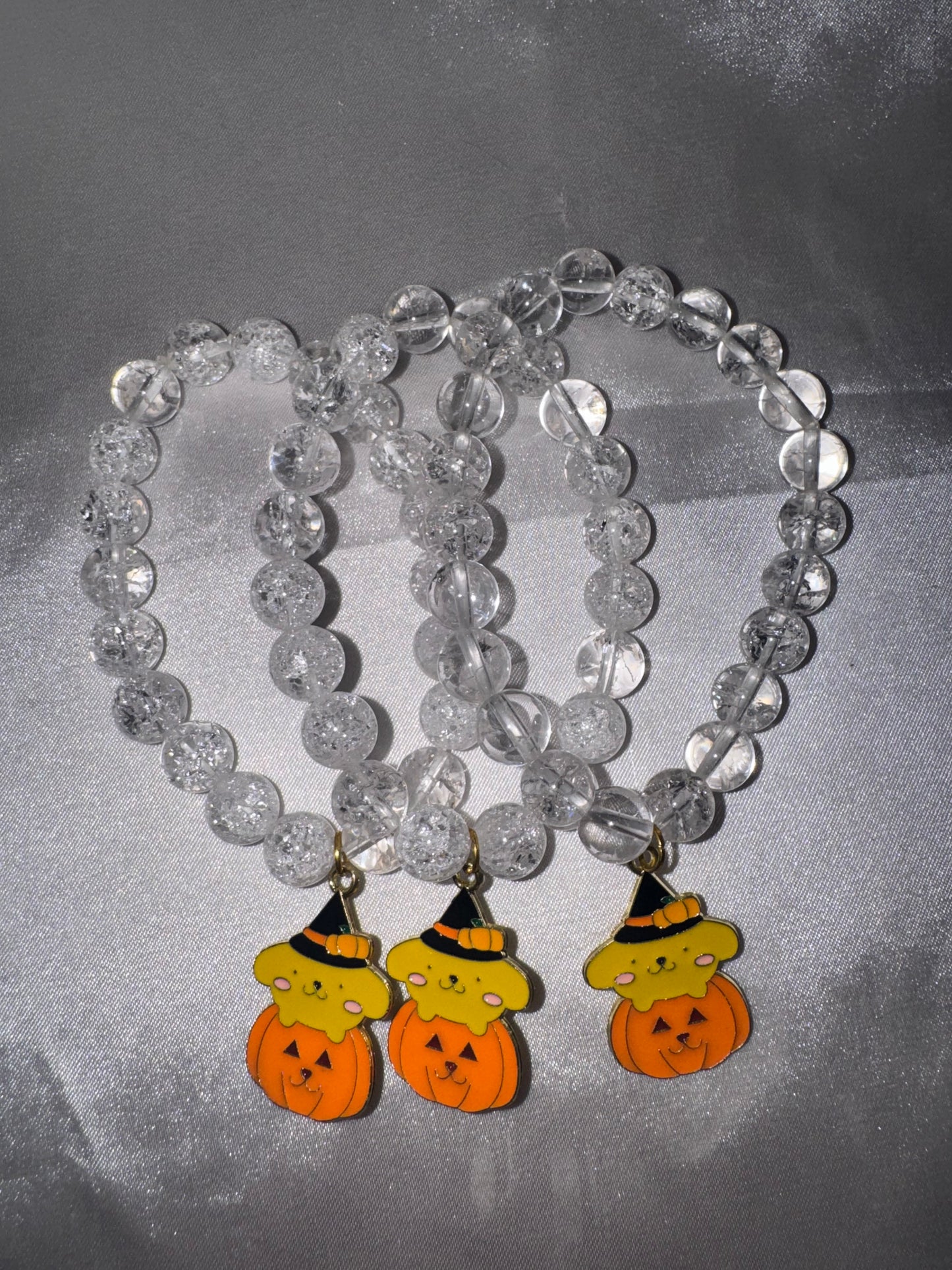 Fire & Ice Quartz 8mm Bracelet with Pompompurin Pumpkin Charm