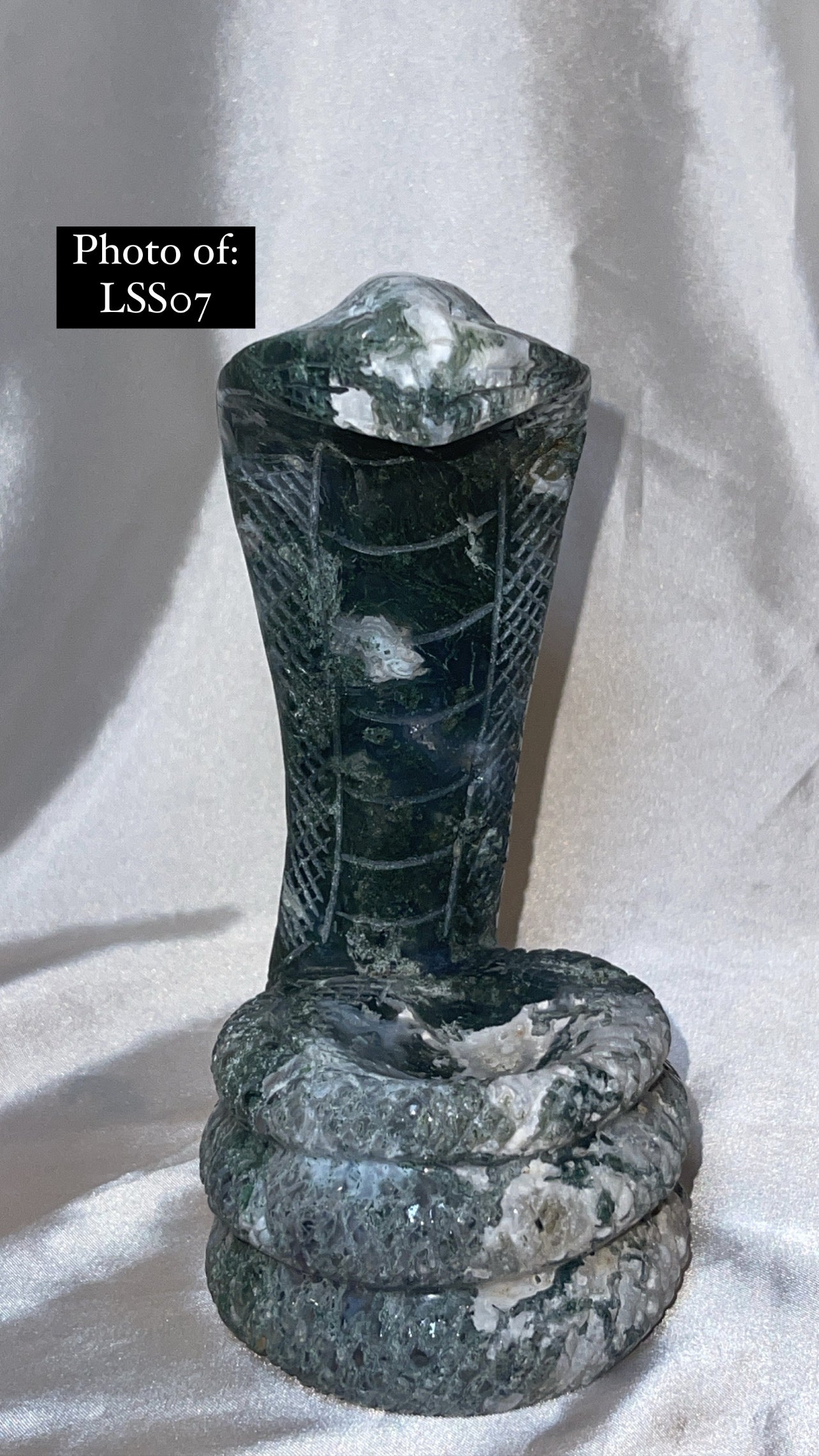 Moss Agate Large Snake Sphere Holder Carving