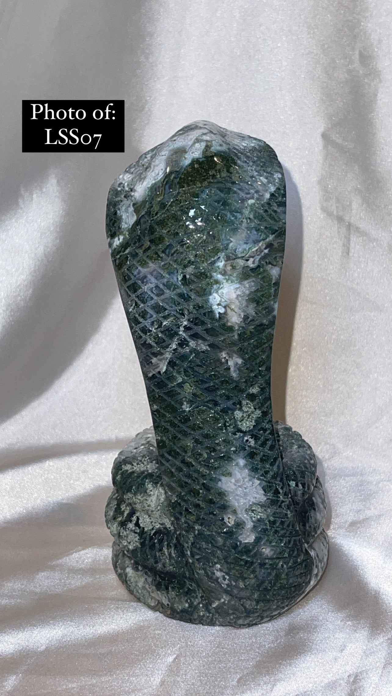 Moss Agate Large Snake Sphere Holder Carving
