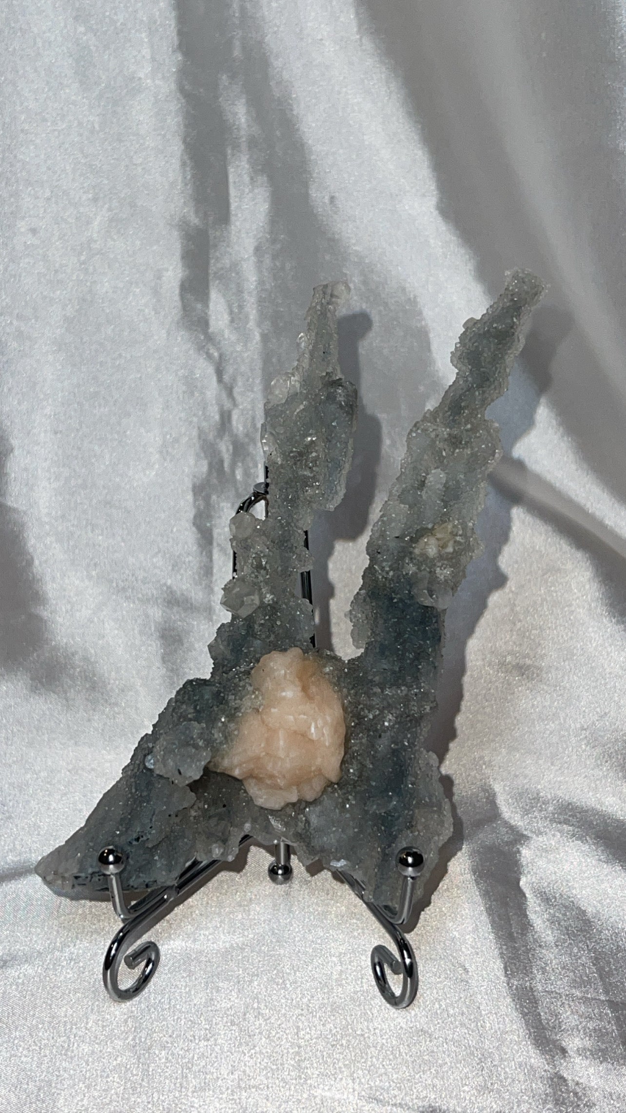 RARE Blueish Black Druzy Chalcedony Large Stalachtite cluster with Stilbite Flower and Apophyllite crystals