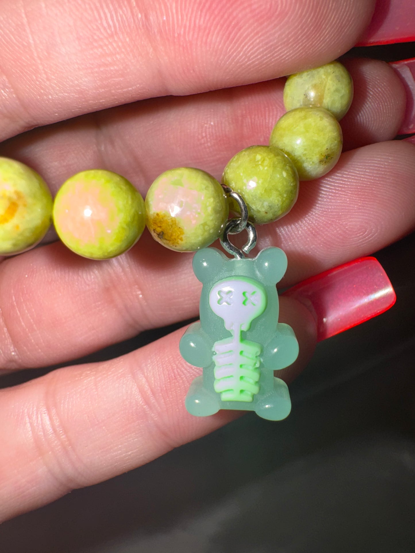 Green Opal 8mm Bracelet with Glow-In-Dark Skeleton Gummy Bear Charm