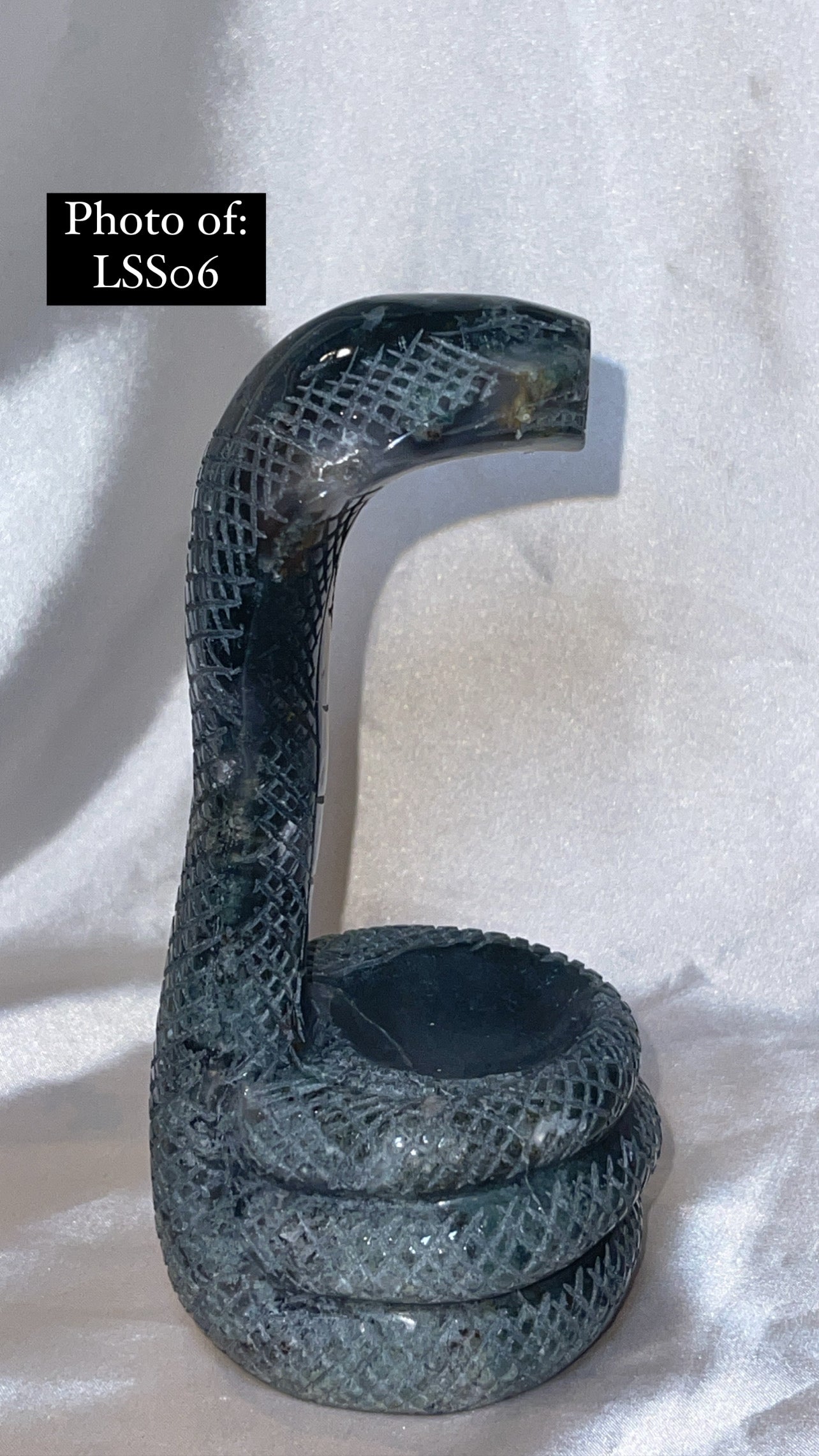 Moss Agate Large Snake Sphere Holder Carving
