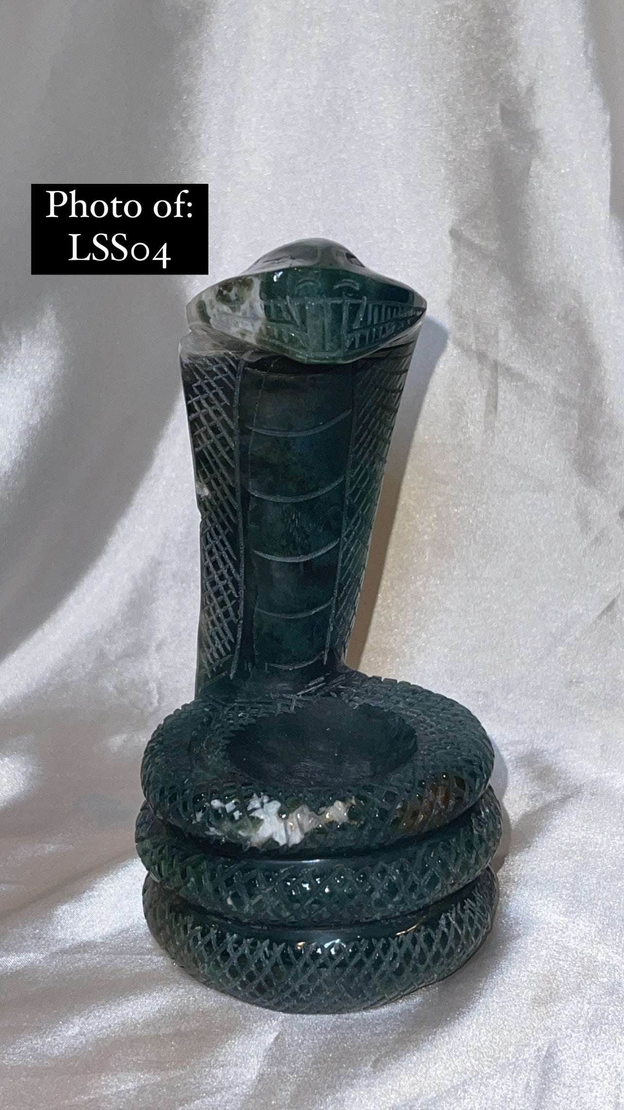 Moss Agate Large Snake Sphere Holder Carving