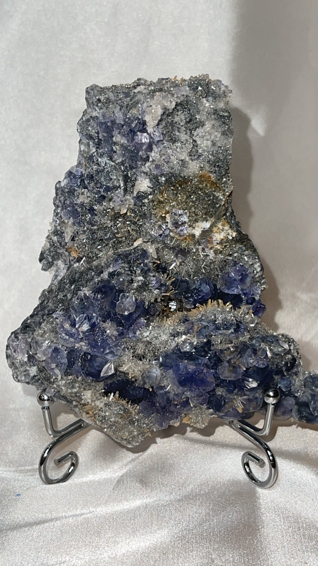 Fujian Indigo Fluorite with Needle Quartz Large Specimen with stand