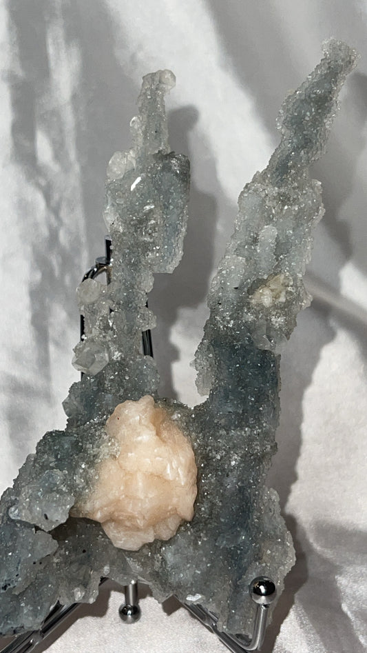 RARE Blueish Black Druzy Chalcedony Large Stalachtite cluster with Stilbite Flower and Apophyllite crystals