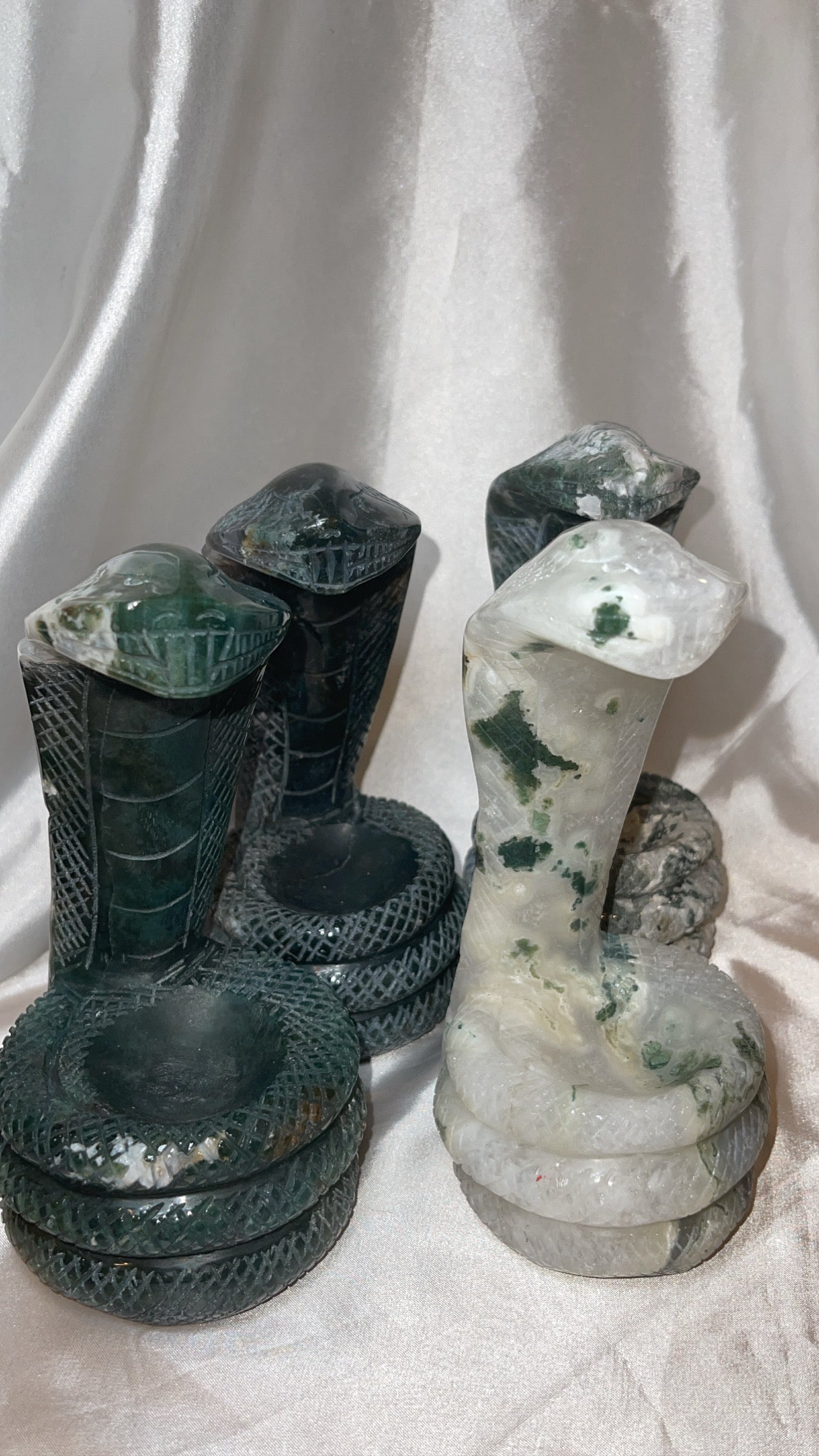 Moss Agate Large Snake Sphere Holder Carving