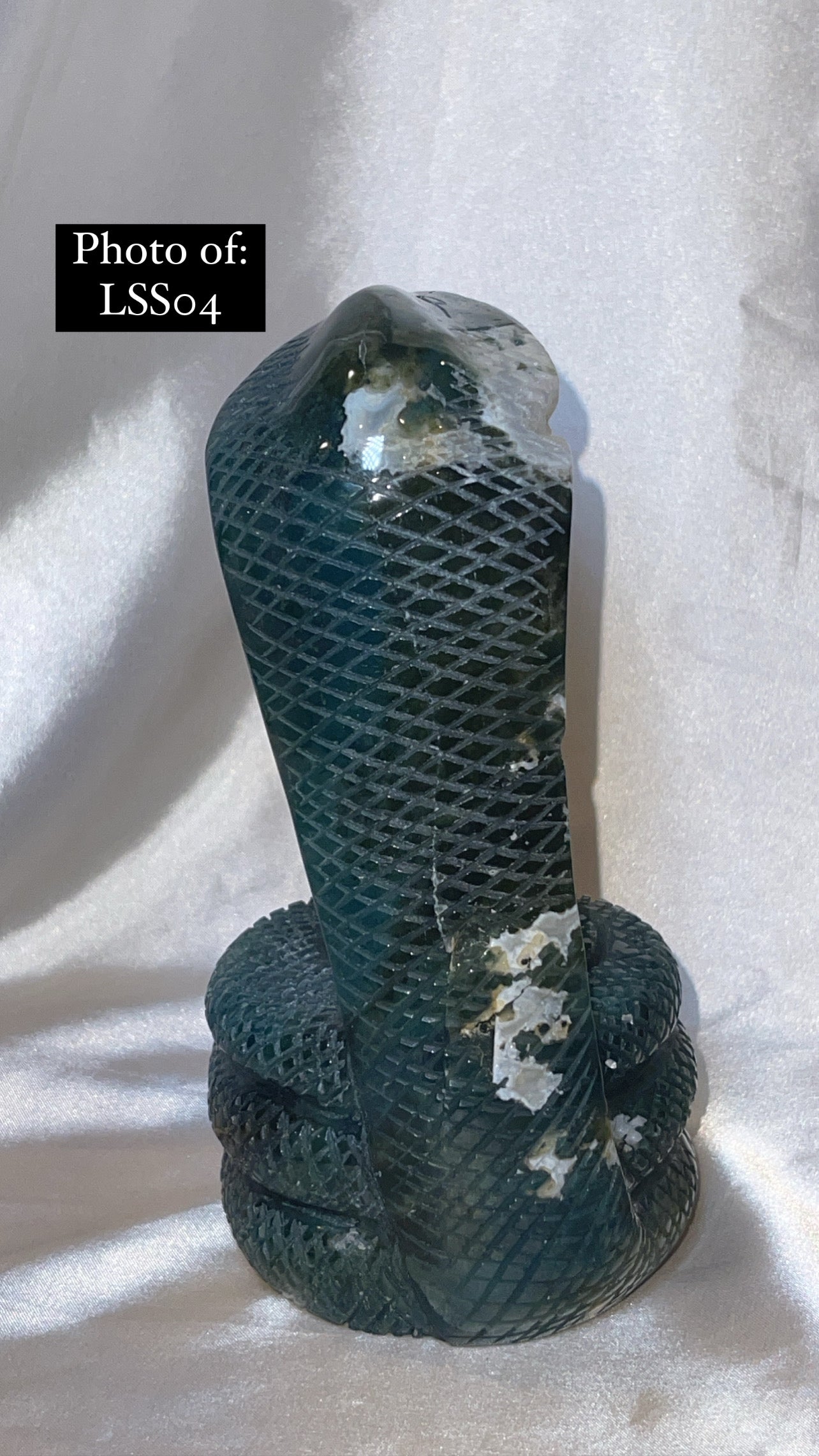 Moss Agate Large Snake Sphere Holder Carving