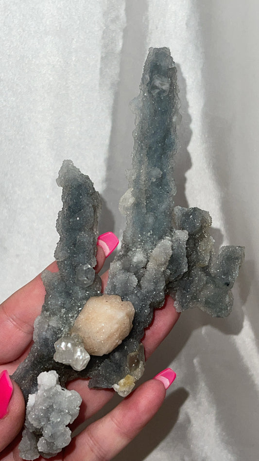 RARE Blueish Black Druzy Chalcedony Large Stalachtite cluster with Stilbite Flower and Apophyllite crystals