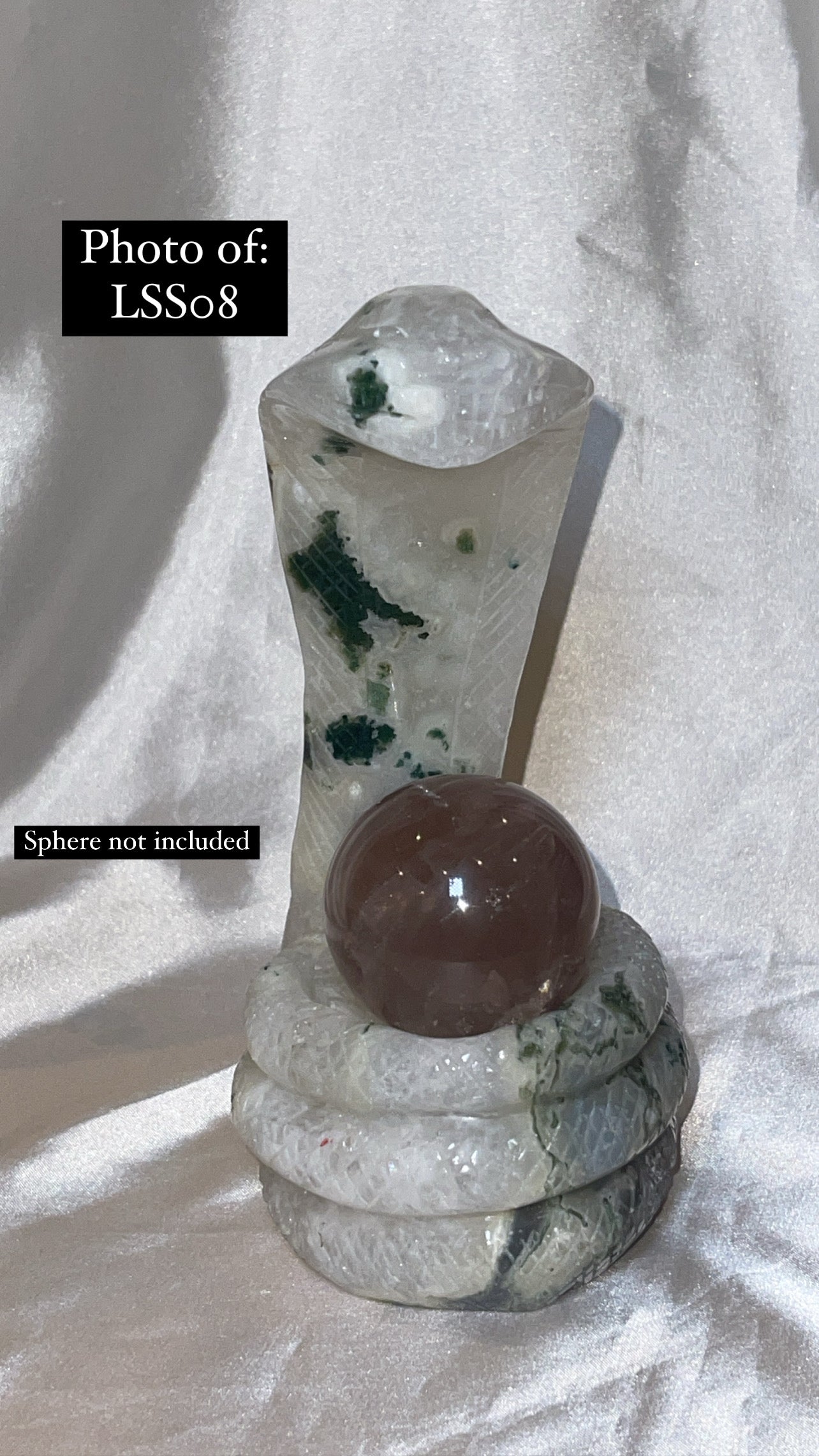 Moss Agate Large Snake Sphere Holder Carving