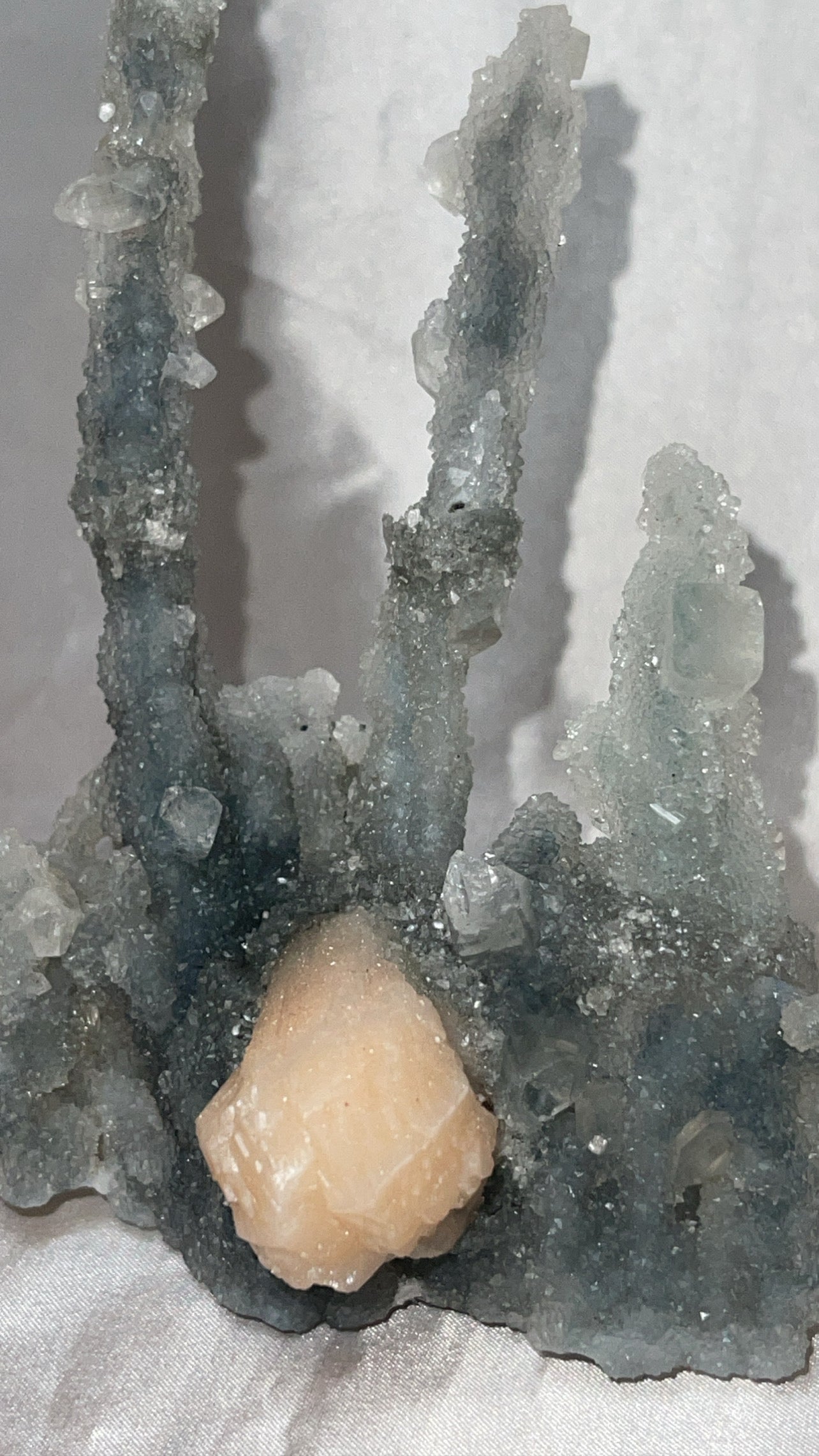 RARE Blueish Black Druzy Chalcedony Large Stalachtite cluster with Stilbite Flower and Apophyllite crystals