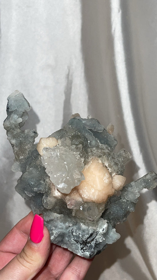 RARE Blueish Black Druzy Chalcedony Large Stalachtite cluster with Stilbite Flower and Apophyllite Plate