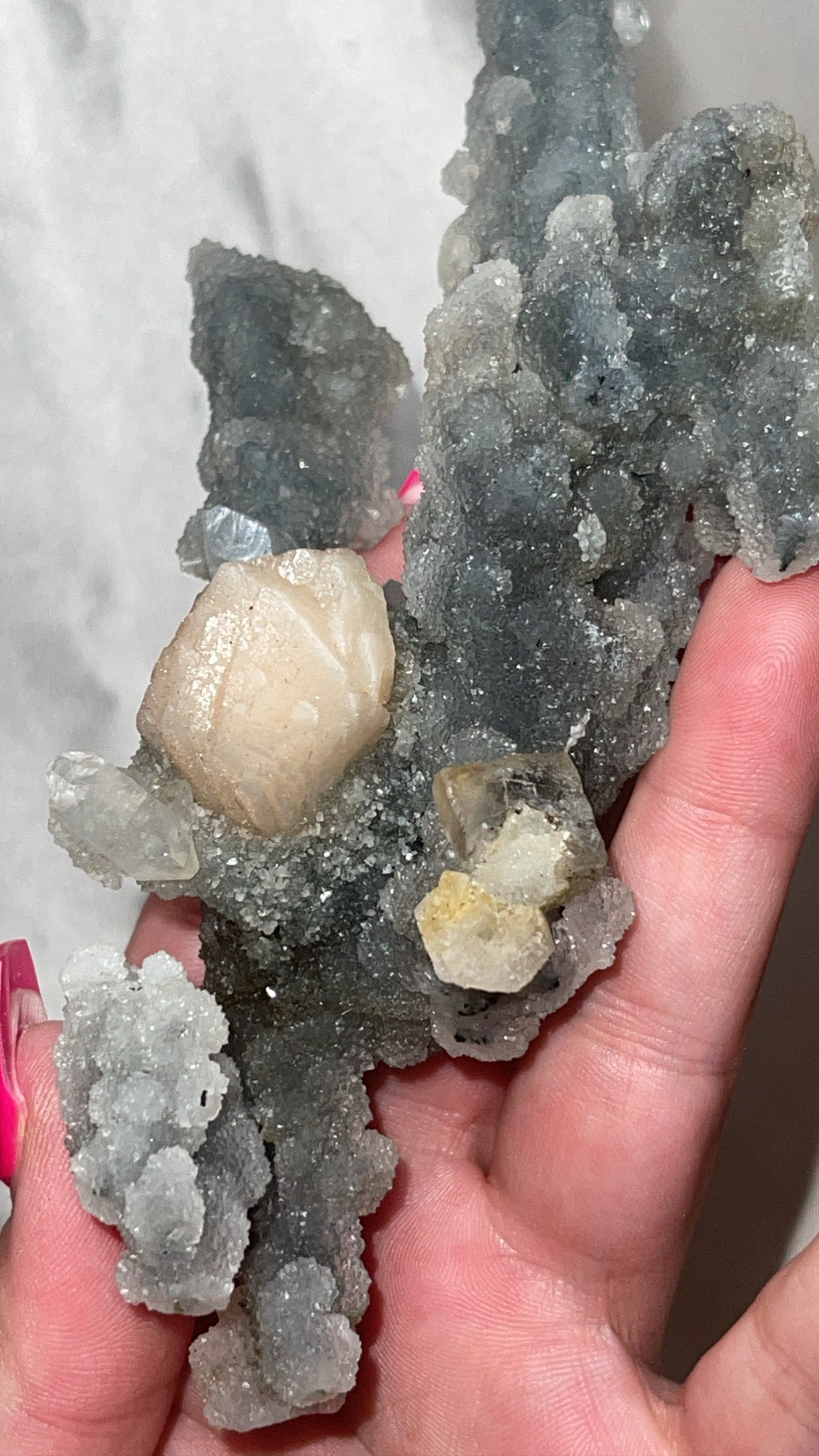 RARE Blueish Black Druzy Chalcedony Large Stalachtite cluster with Stilbite Flower and Apophyllite crystals