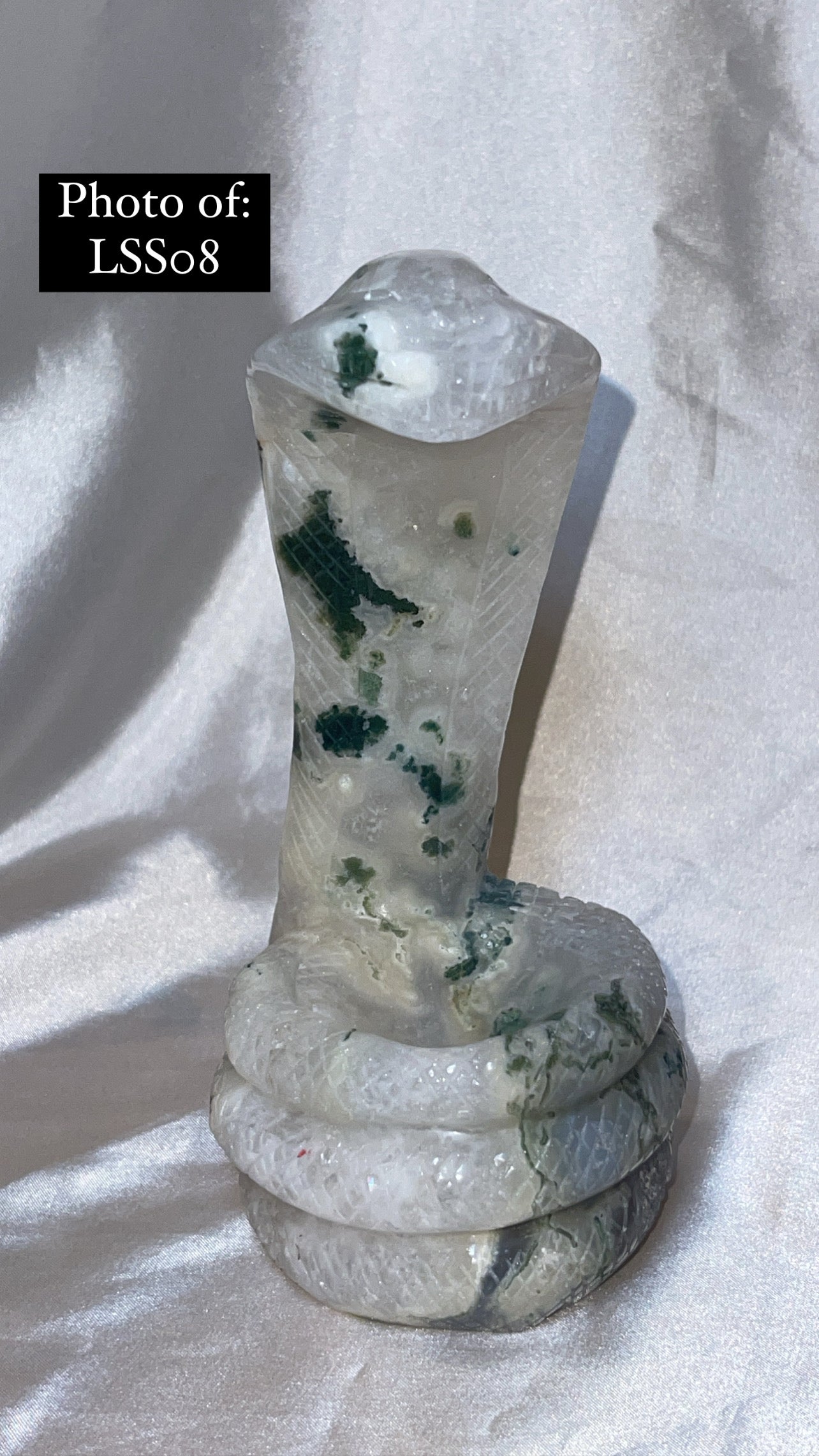 Moss Agate Large Snake Sphere Holder Carving