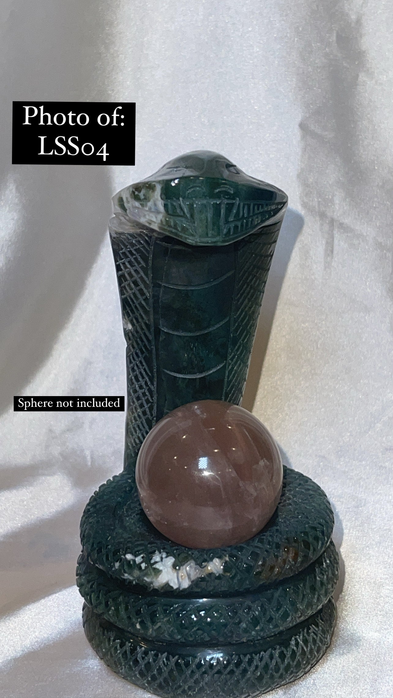 Moss Agate Large Snake Sphere Holder Carving