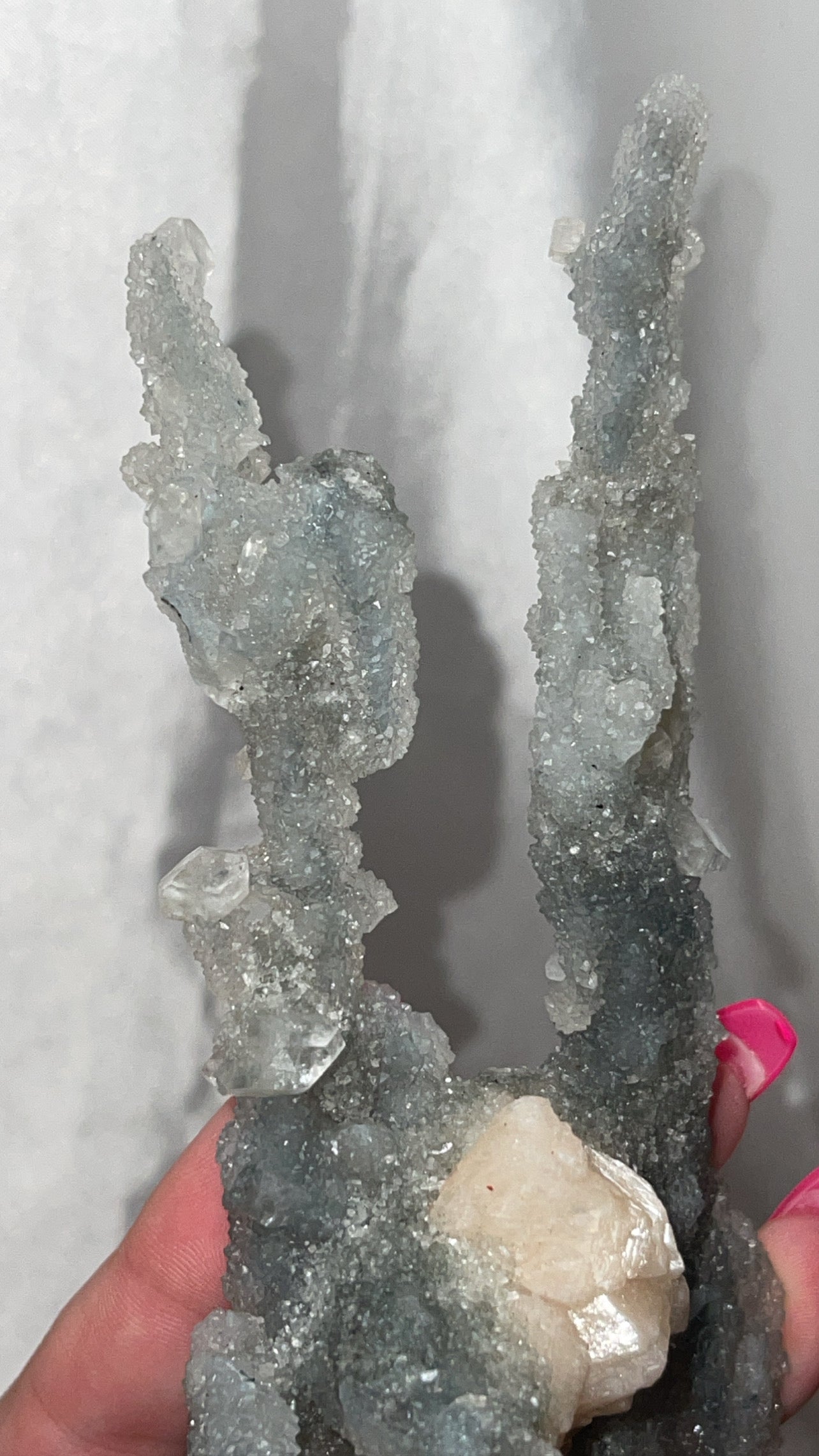 RARE Blueish Black Druzy Chalcedony Large Stalachtite cluster with Stilbite Flower and Apophyllite crystals