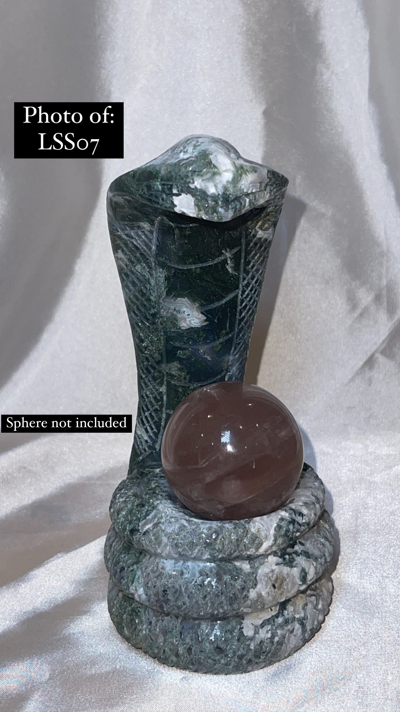 Moss Agate Large Snake Sphere Holder Carving