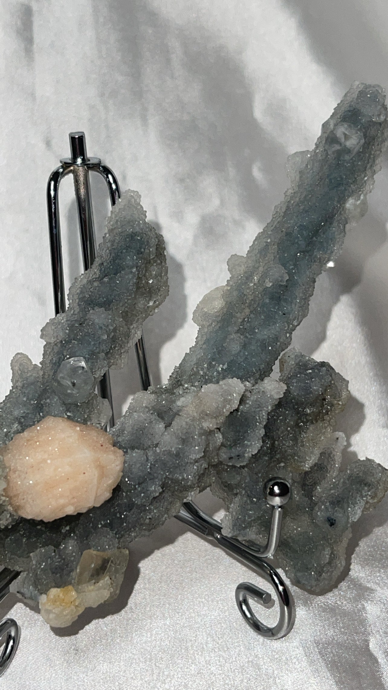 RARE Blueish Black Druzy Chalcedony Large Stalachtite cluster with Stilbite Flower and Apophyllite crystals
