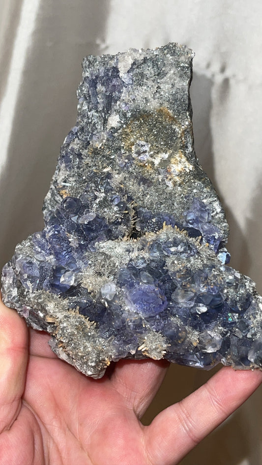 Fujian Indigo Fluorite with Needle Quartz Large Specimen with stand
