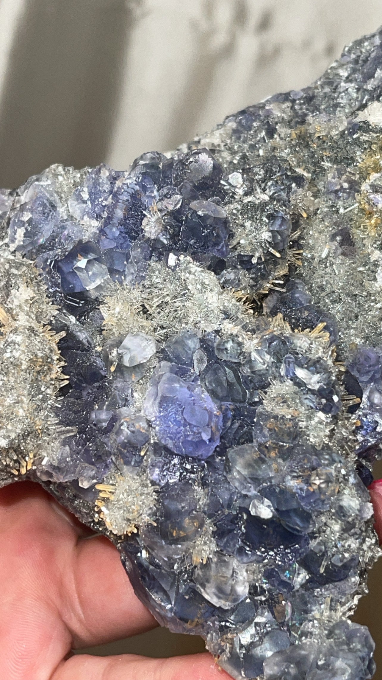 Fujian Indigo Fluorite with Needle Quartz Large Specimen with stand