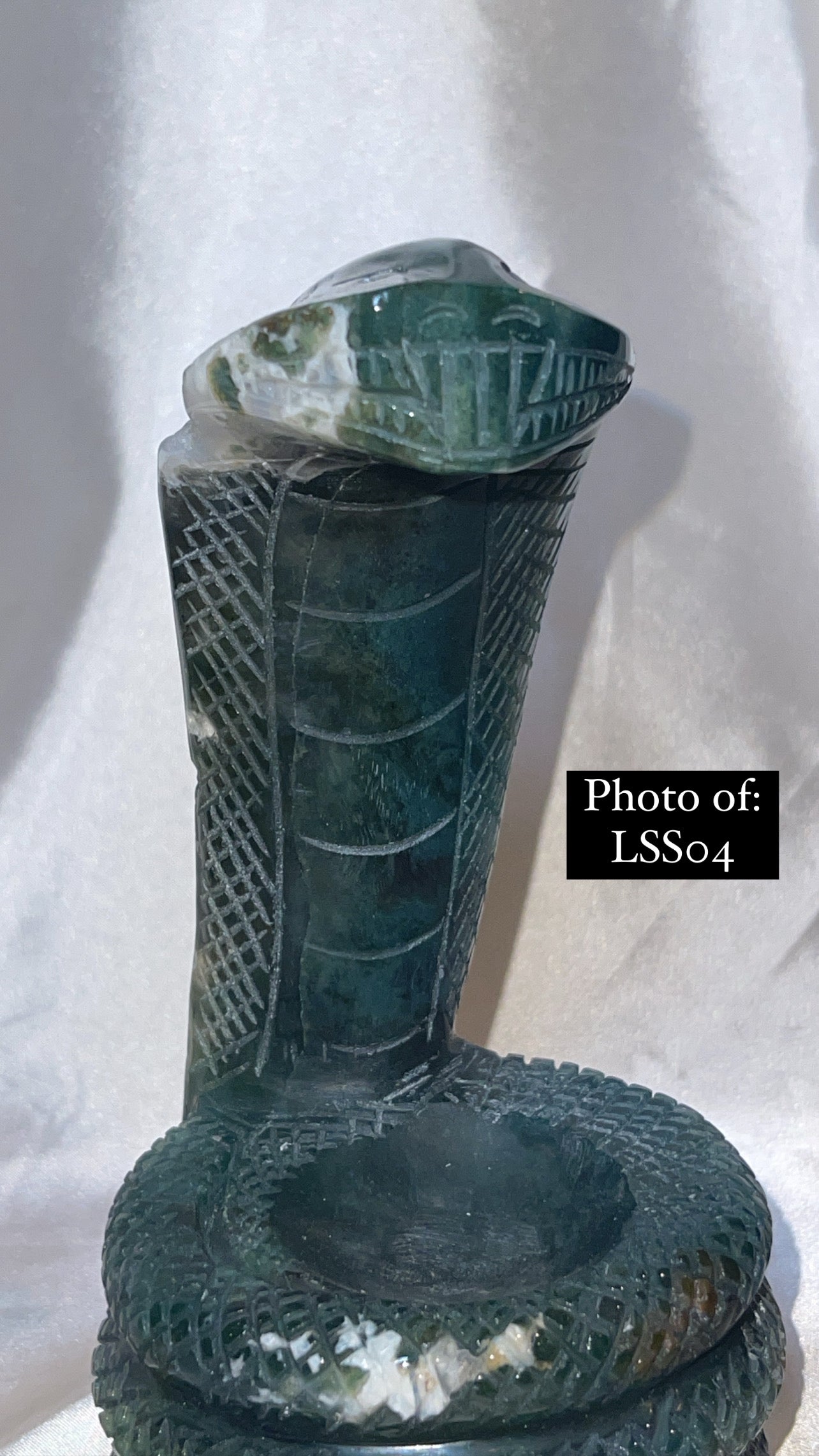 Moss Agate Large Snake Sphere Holder Carving