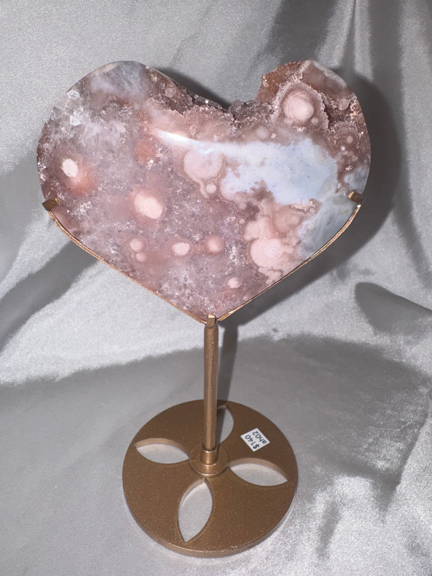 Amethyst Flower Agate AAA XL Heart on stand