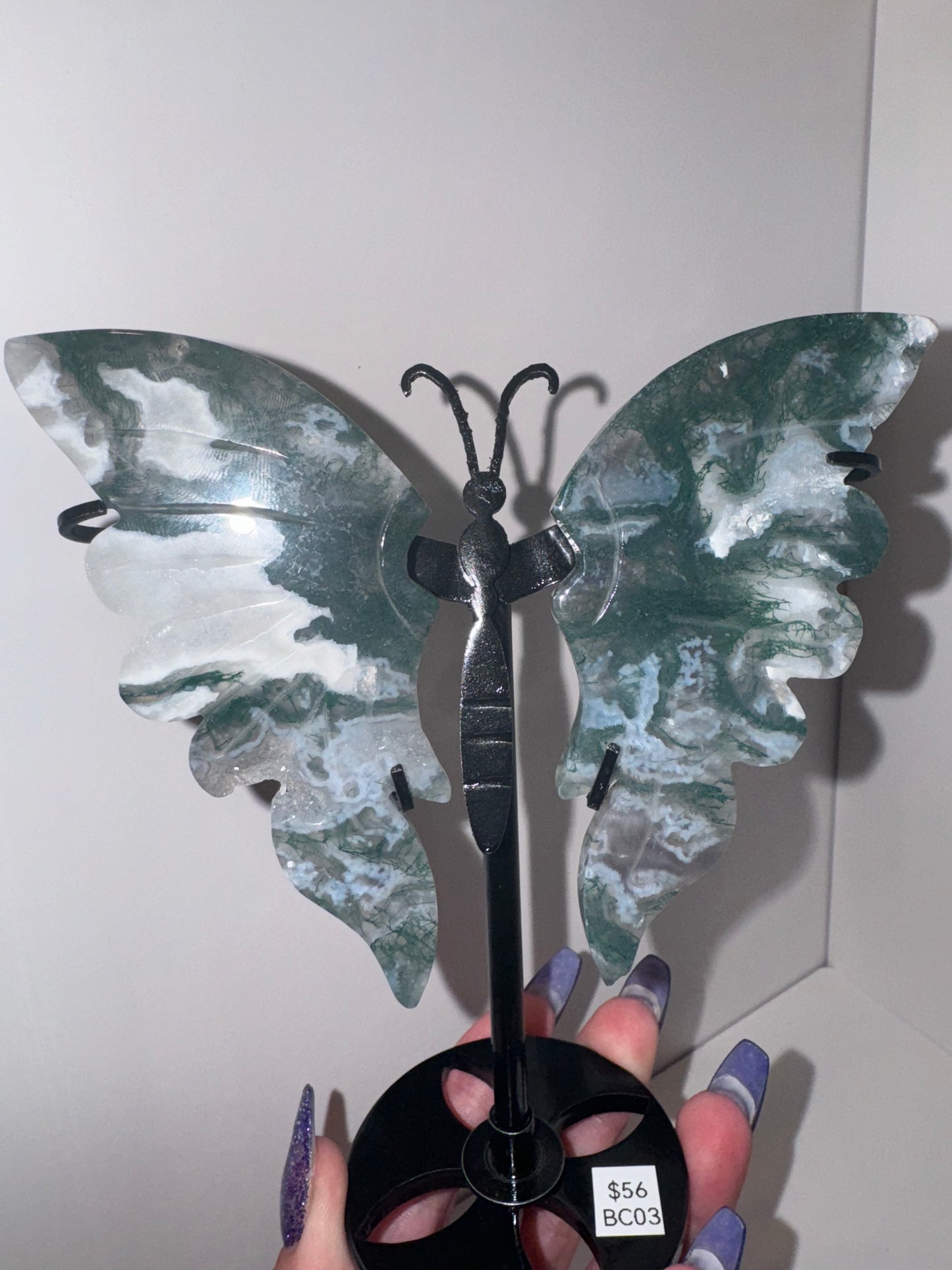 Moss Agate Large Butterfly on Stand