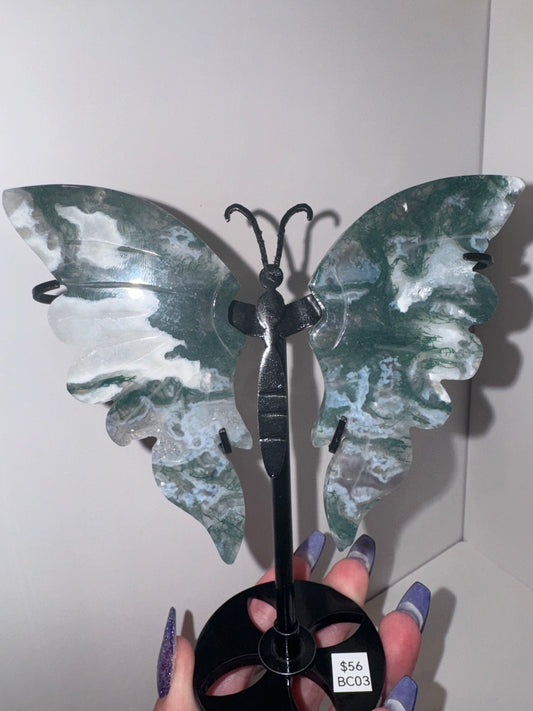 Moss Agate Large Butterfly on Stand