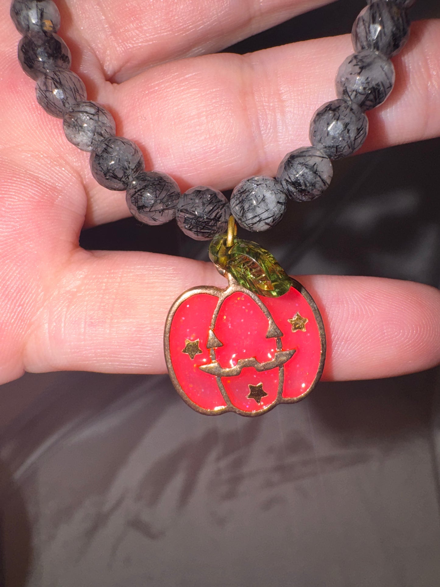 Black Rutilated Quartz 6mm Faceted Bracelet with Pumpkin Charm (last one!)