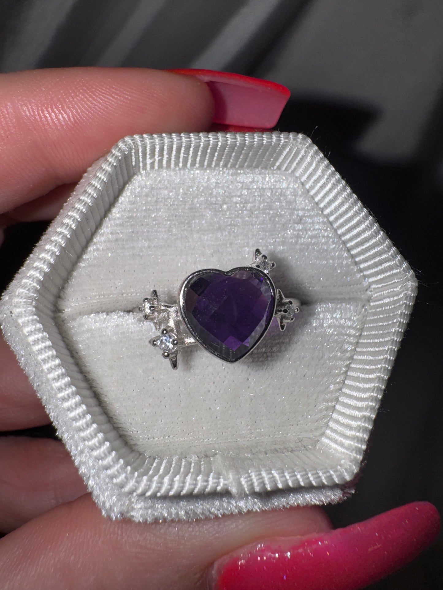 Amethyst AAA Faceted Heart 925 Adjustable Ring