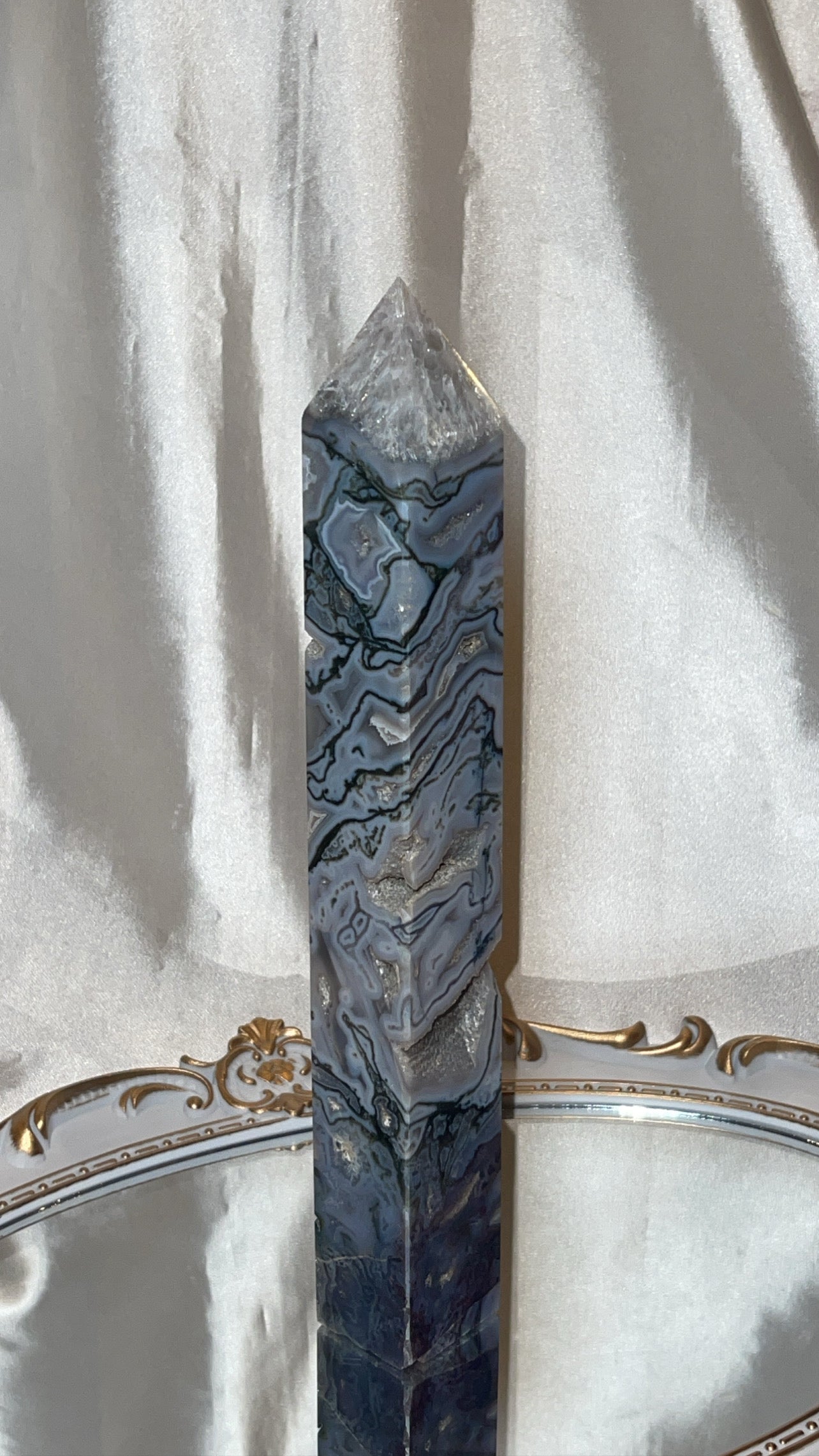 Blue Moss Agate Druzy Large Tower