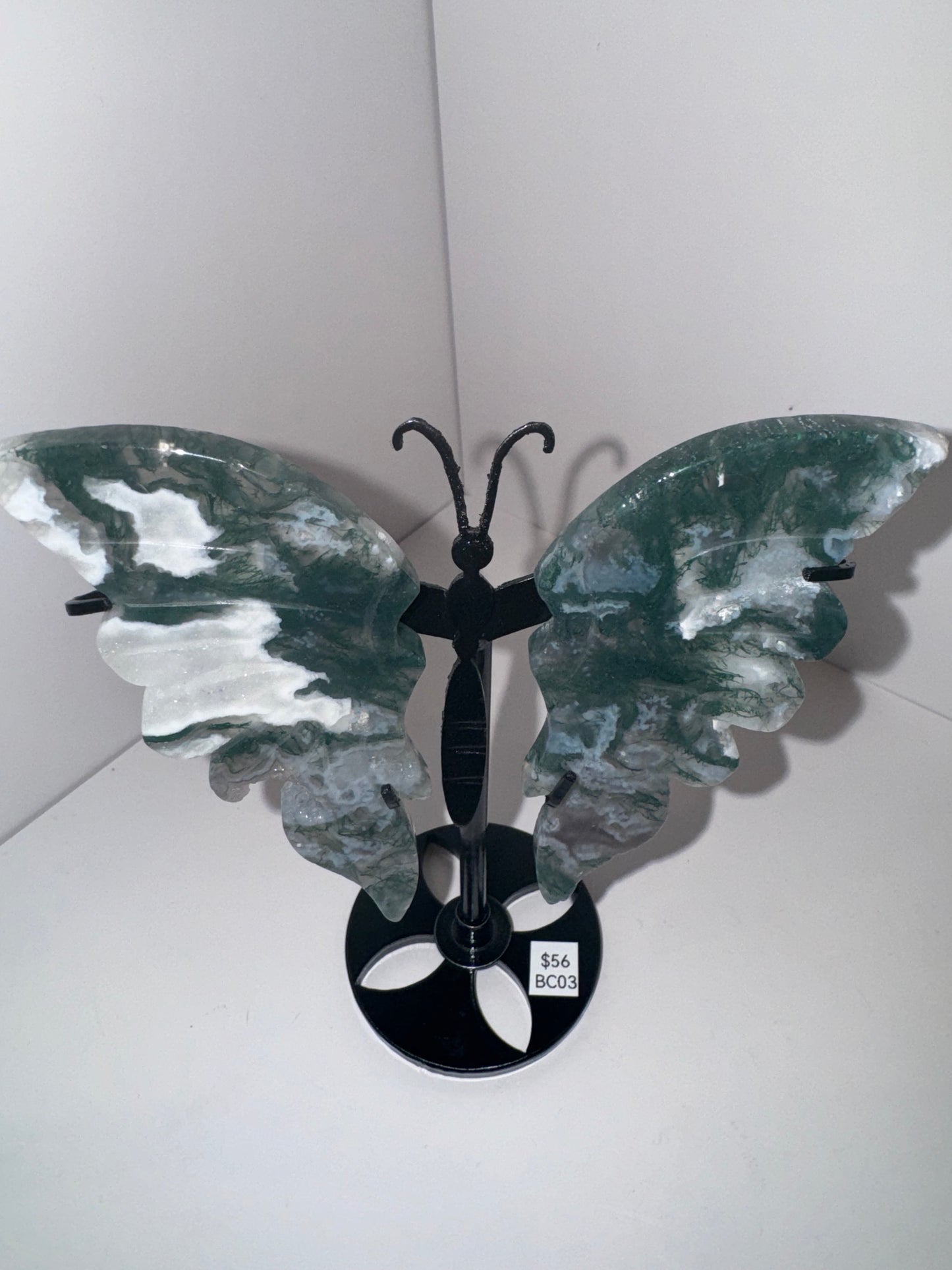 Moss Agate Large Butterfly on Stand