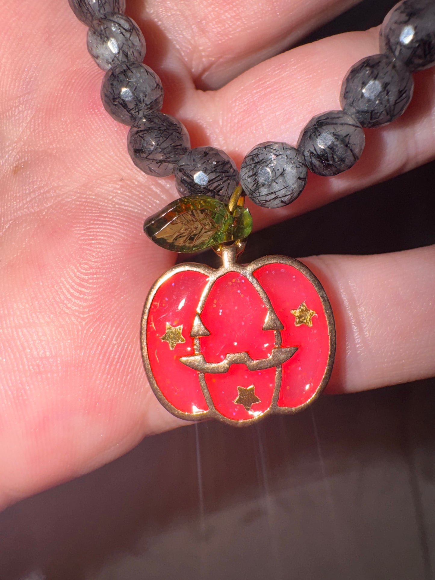 Black Rutilated Quartz 6mm Faceted Bracelet with Pumpkin Charm (last one!)