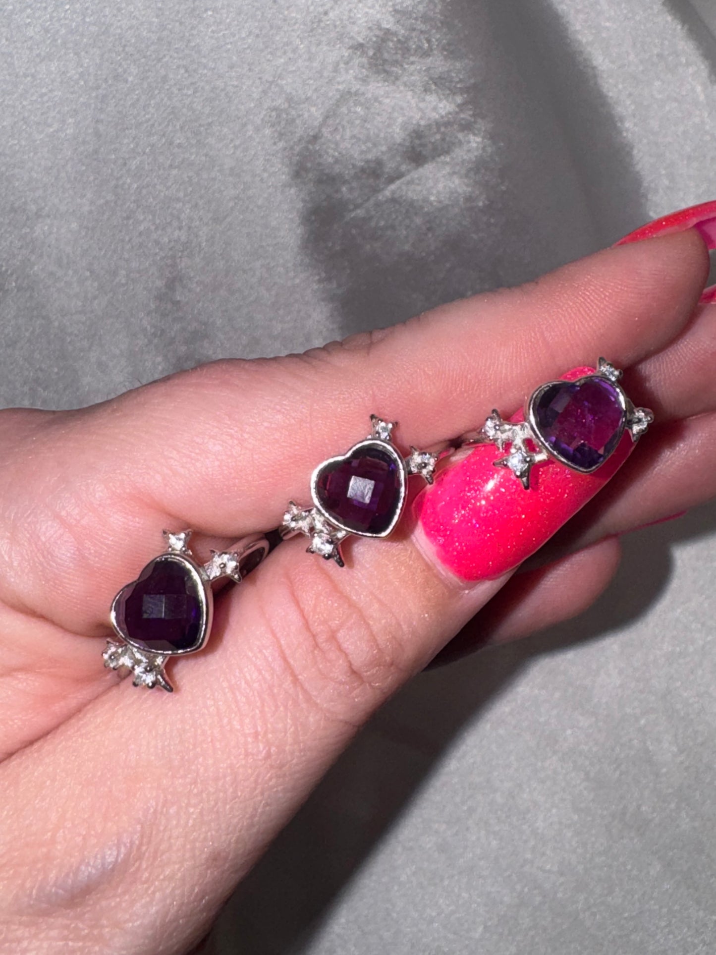 Amethyst AAA Faceted Heart 925 Adjustable Ring