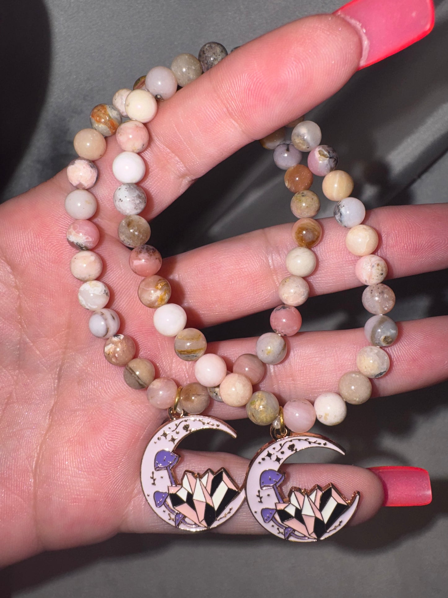 Pink Opal 6mm Bracelet with Crystal Moon Charm